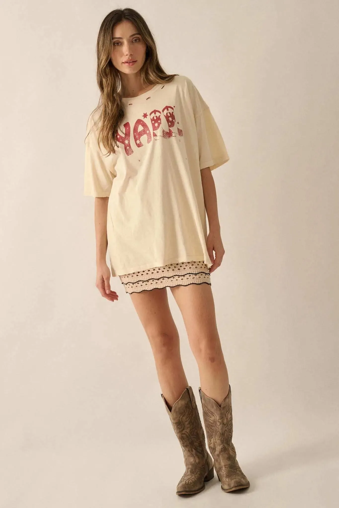 Y'all Cowboy Boots Oversize Distressed Graphic Tee sold by Promesa product image thumbnail 4