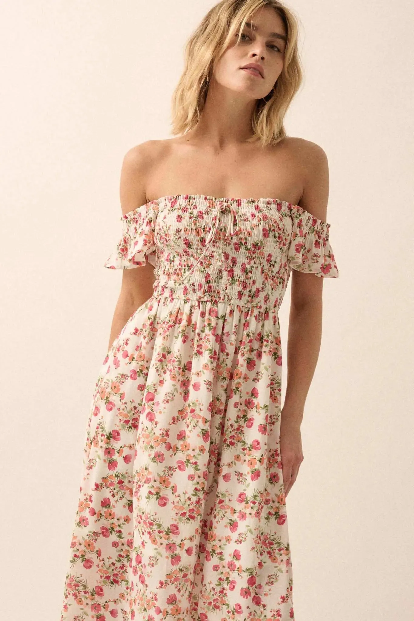 Budding Love Smocked Floral Off-Shoulder Maxi Dress sold by Promesa product image thumbnail 4