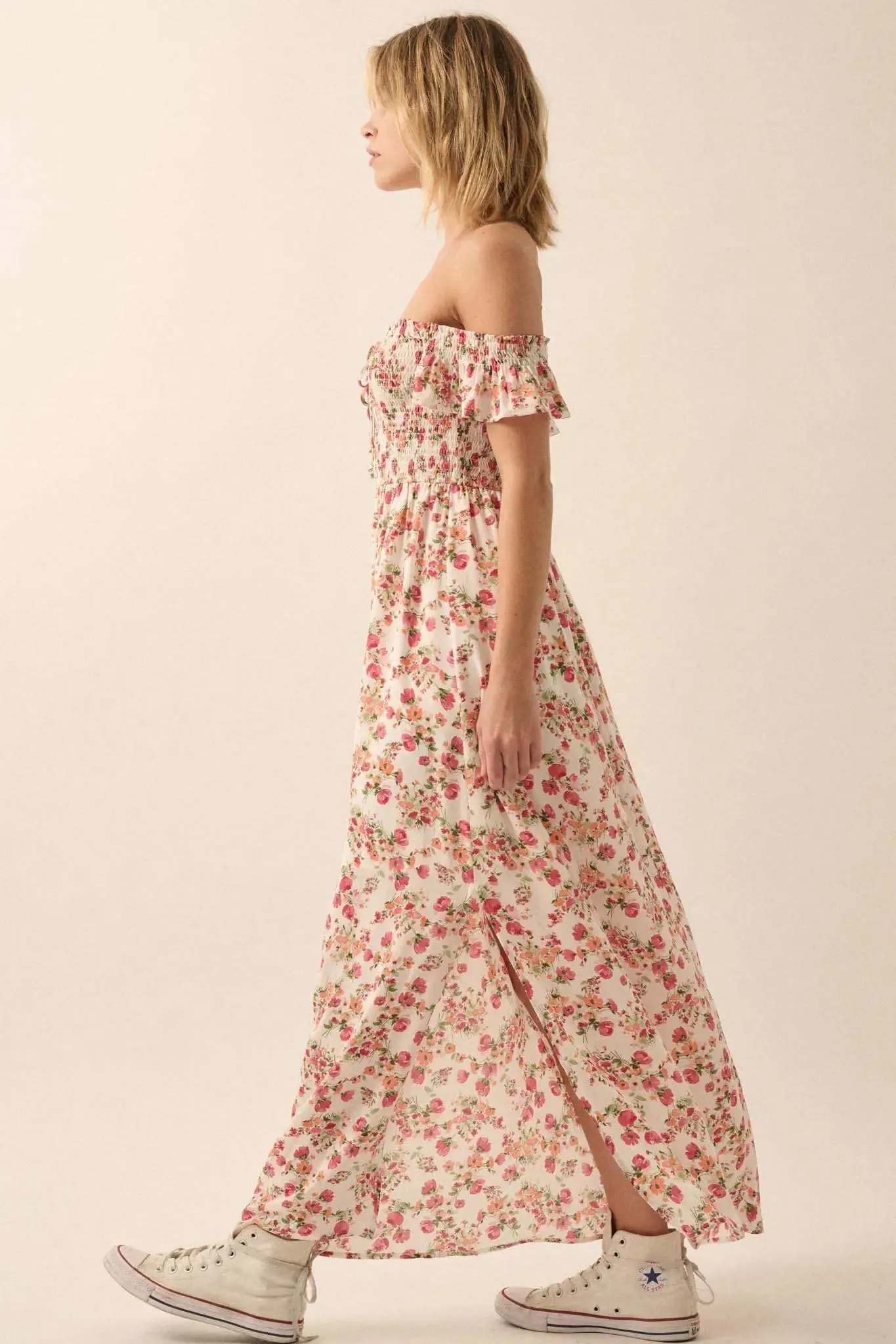Budding Love Smocked Floral Off-Shoulder Maxi Dress sold by Promesa product image thumbnail 5
