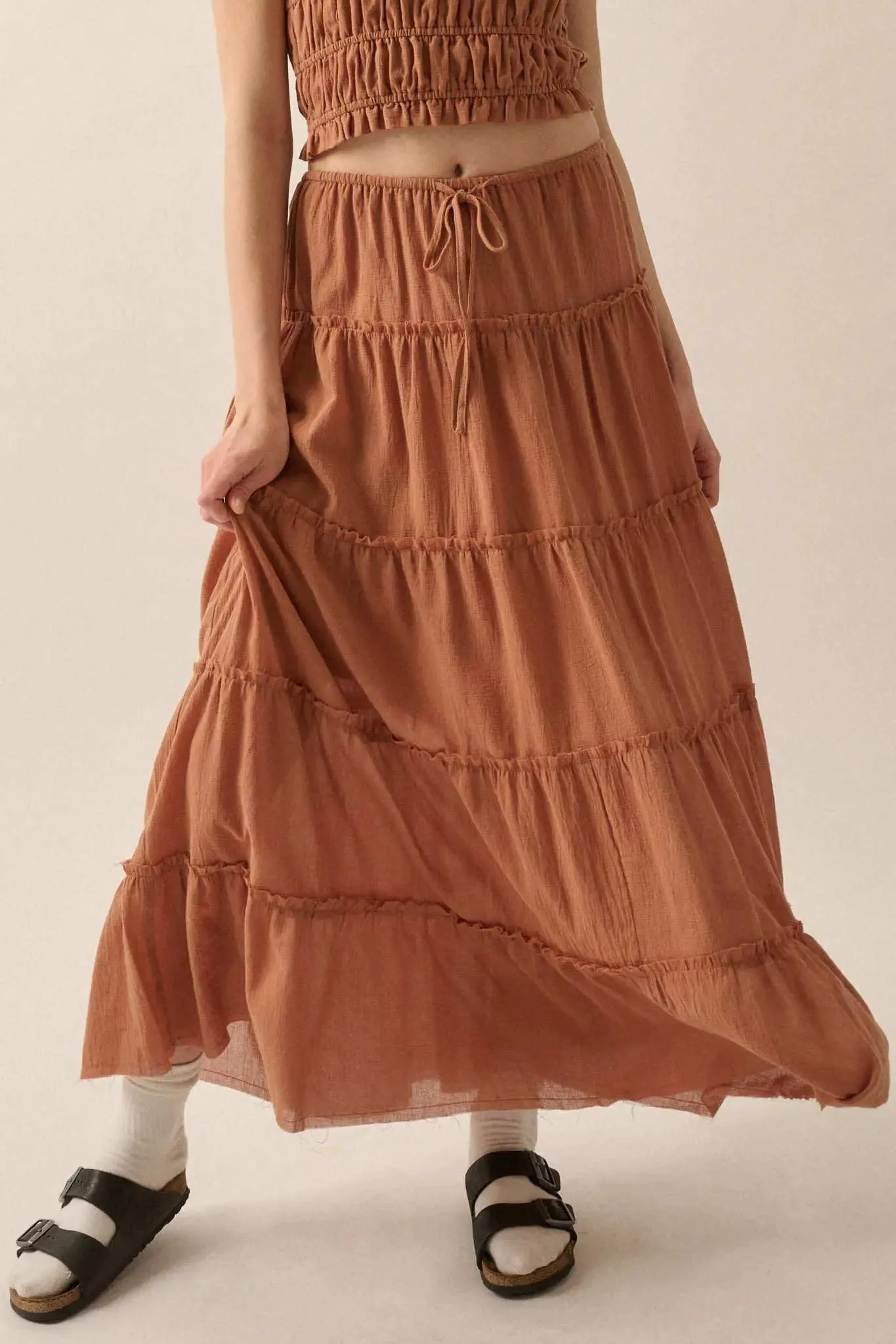 Washed Ashore Raw-Edge Tiered Ruffle Maxi Skirt sold by Promesa product image thumbnail 4