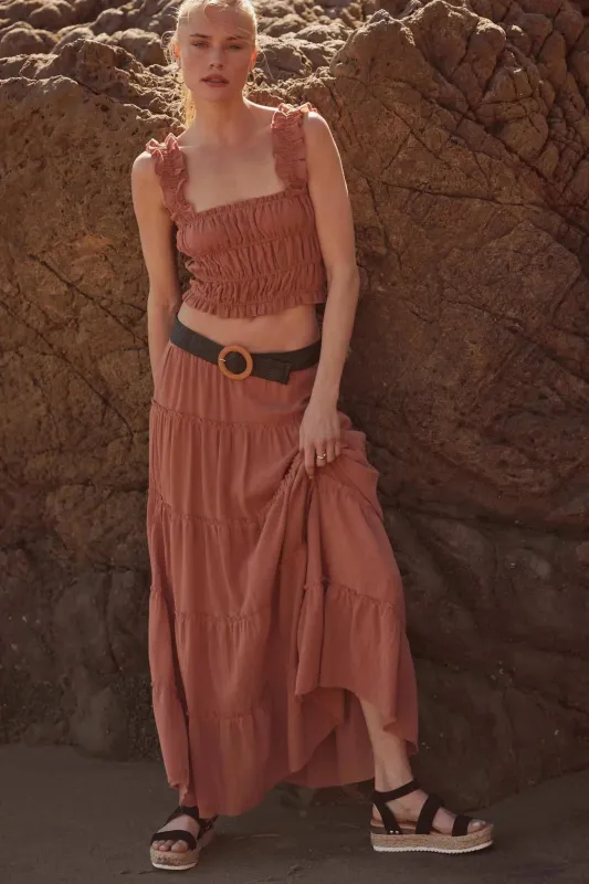 Washed Ashore Raw-Edge Tiered Ruffle Maxi Skirt sold by Promesa