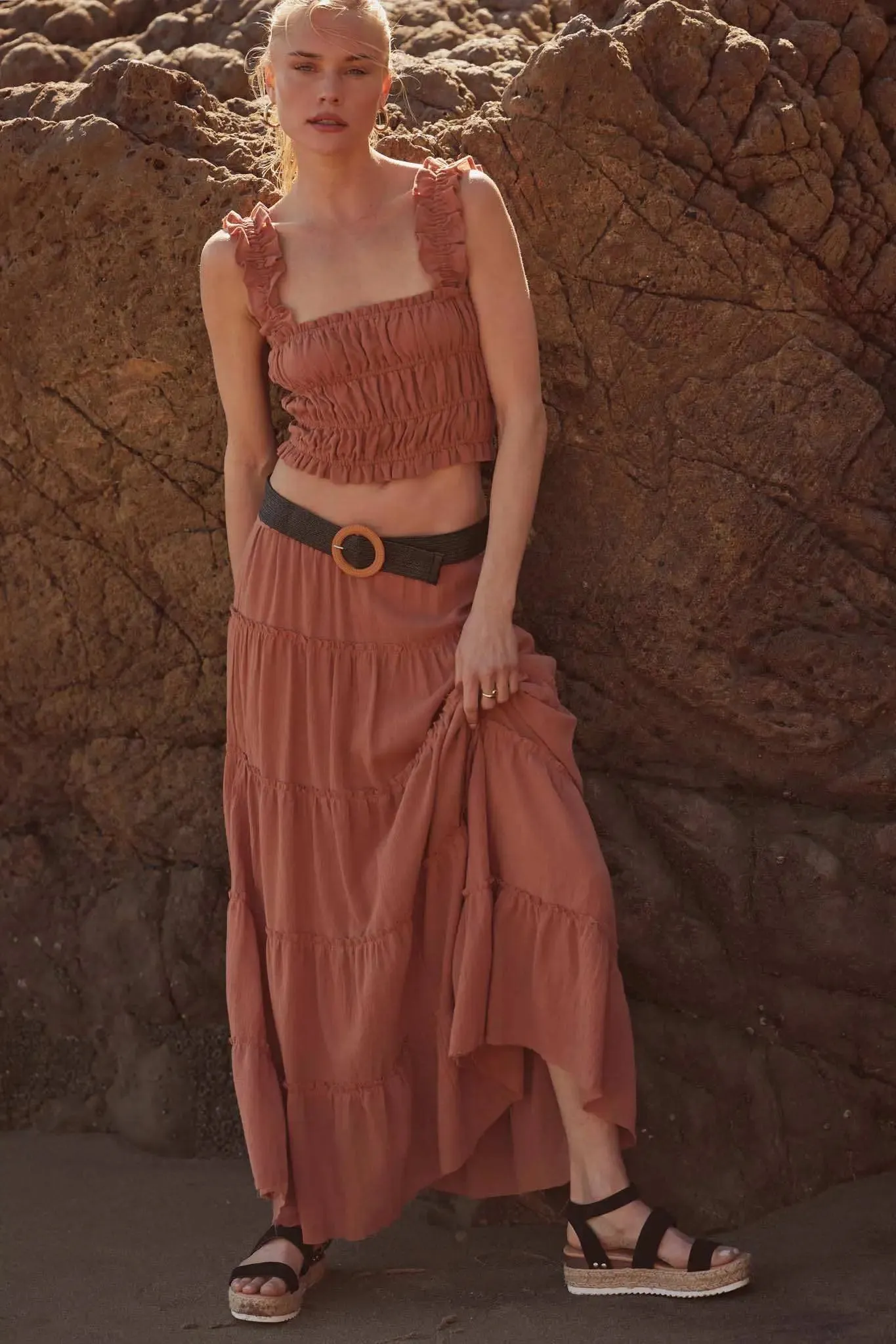 Washed Ashore Raw-Edge Tiered Ruffle Maxi Skirt sold by Promesa