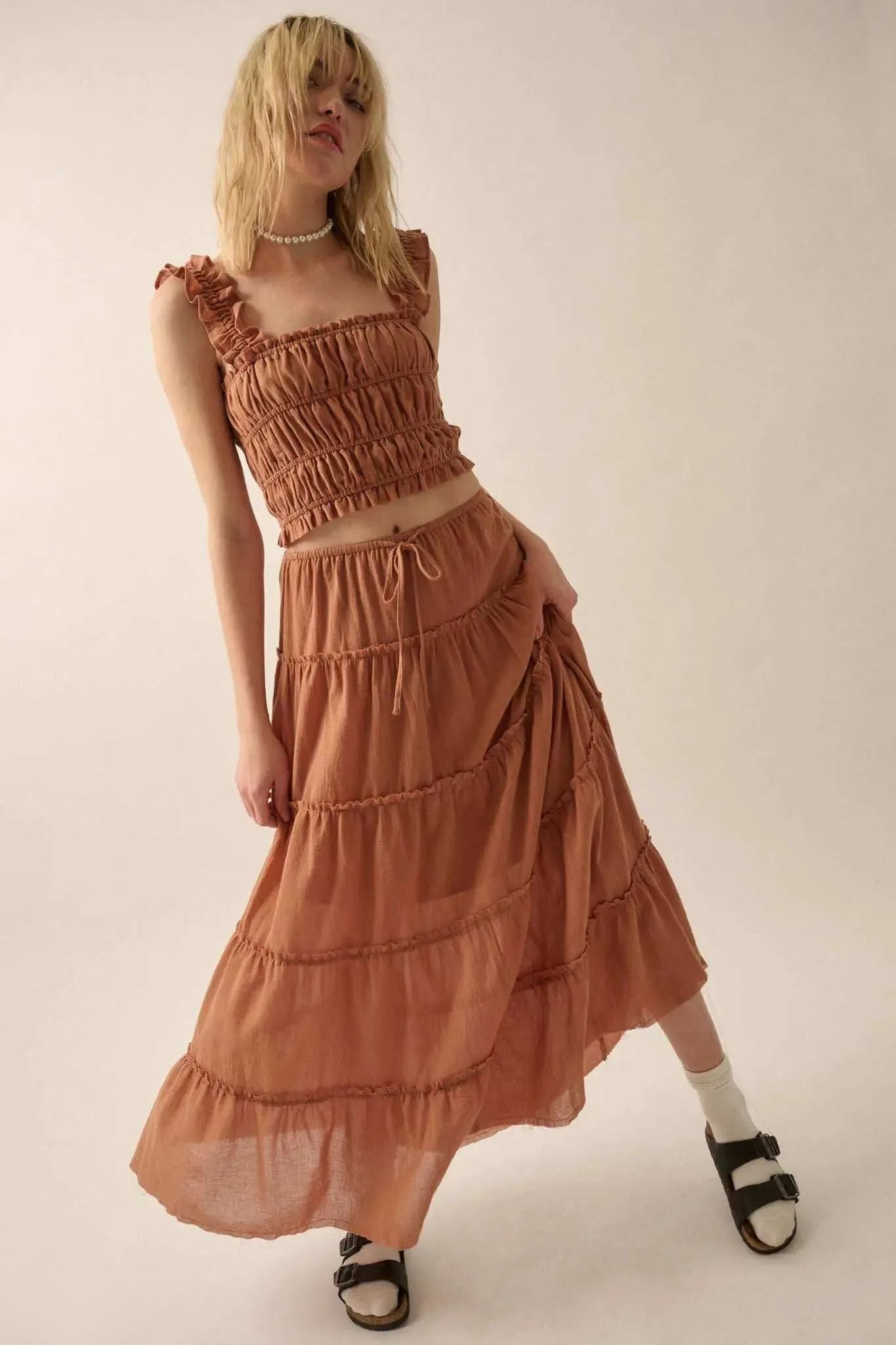 Washed Ashore Raw-Edge Tiered Ruffle Maxi Skirt sold by Promesa product image thumbnail 3