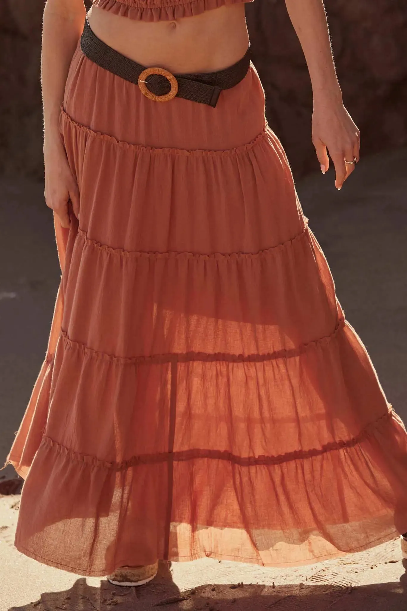 Washed Ashore Raw-Edge Tiered Ruffle Maxi Skirt sold by Promesa product image thumbnail 2