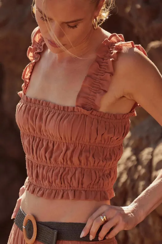 Sandy Shores Smocked Ruffle Cropped Cami Top sold by Promesa