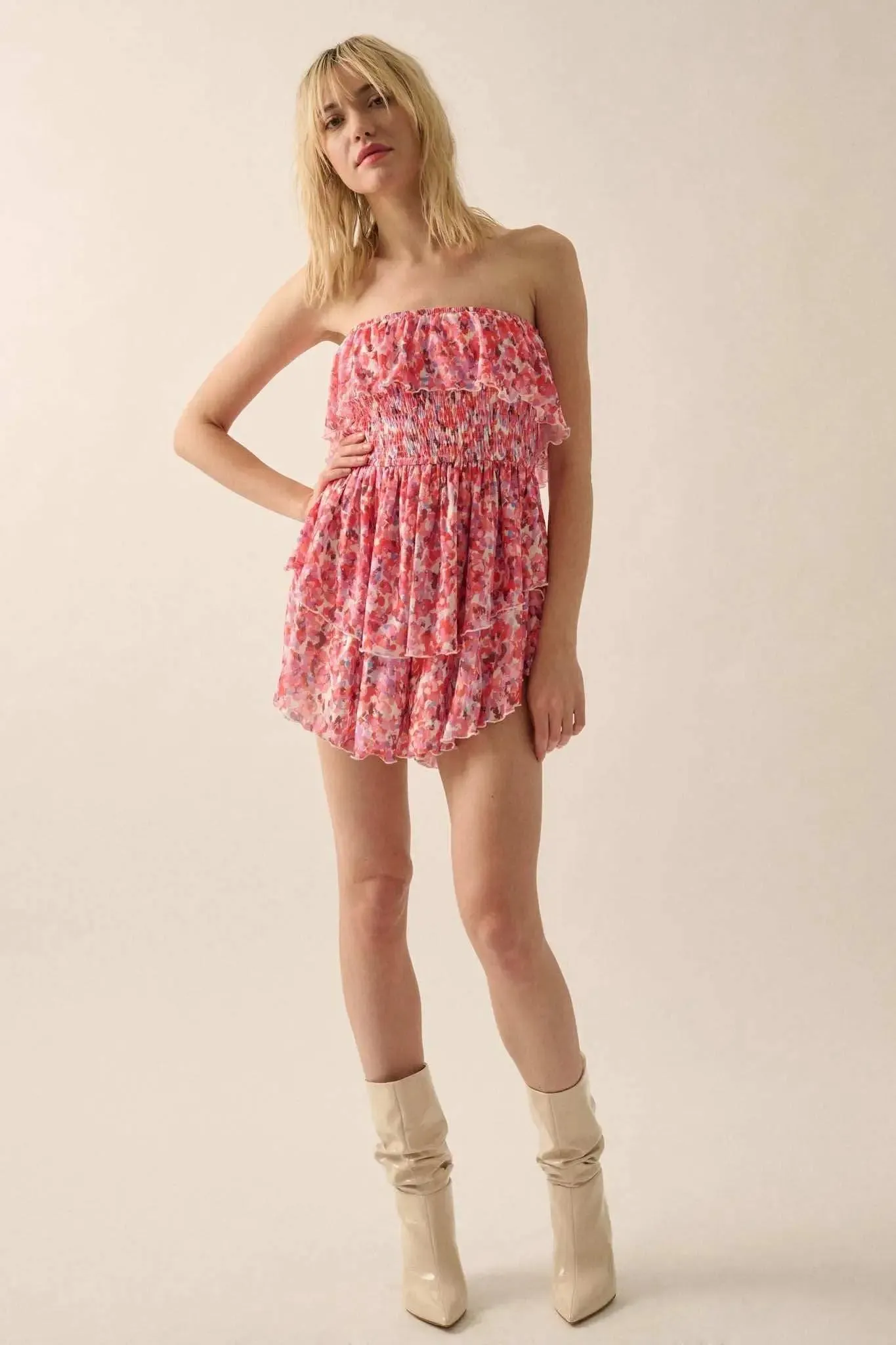 Bunches of Blooms Floral Mesh Strapless Romper sold by Promesa