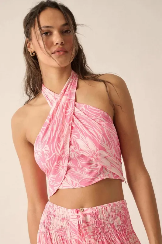 Tropical Tides Floral Cross-Front Halter Top made by Promesa