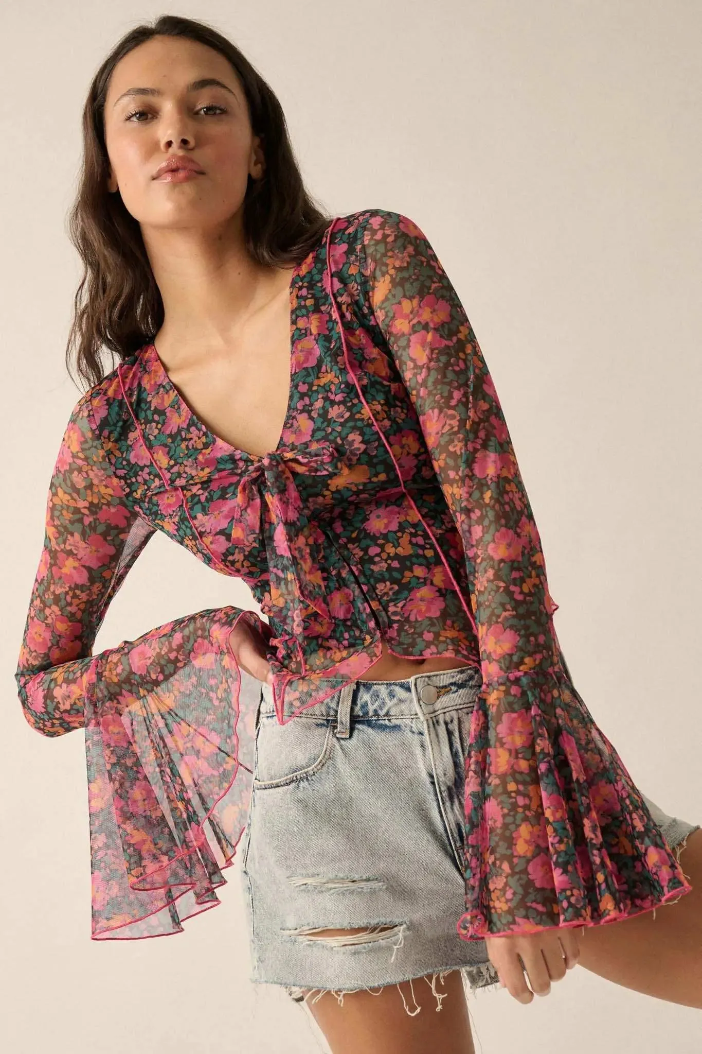 Fabulous Flowers Floral-Print Mesh Bell-Sleeve Top sold by Promesa product image thumbnail 2