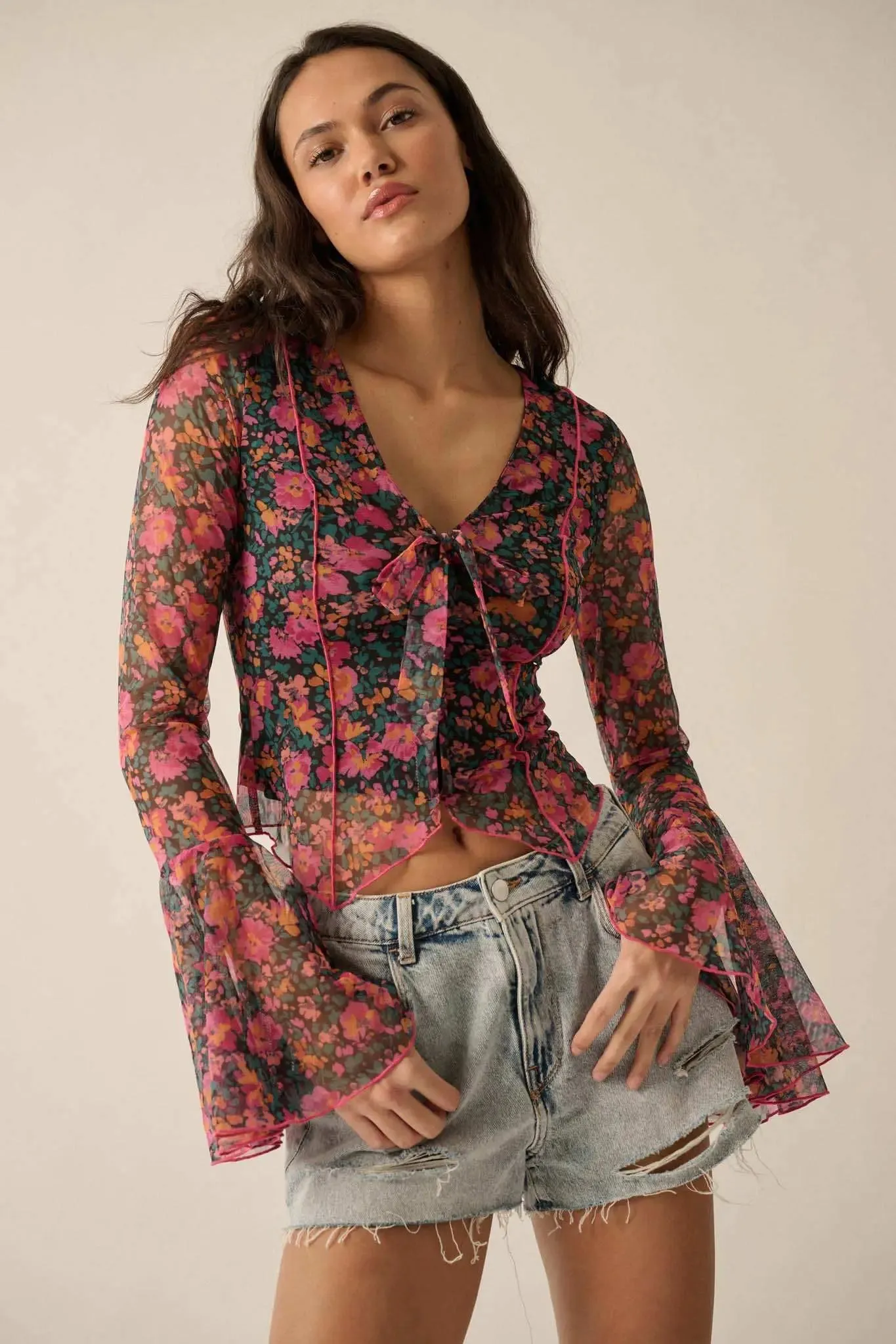 Fabulous Flowers Floral-Print Mesh Bell-Sleeve Top sold by Promesa product image thumbnail 5