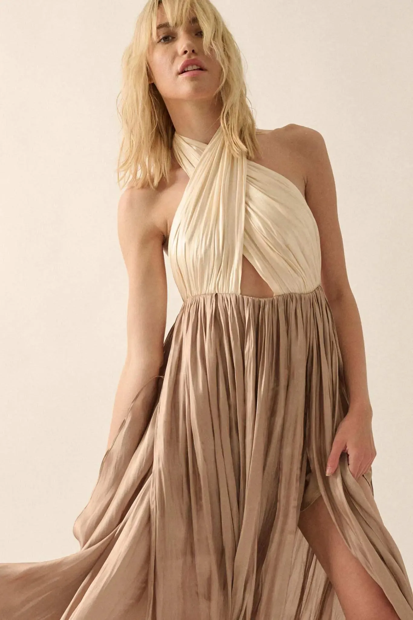 Breaking Waves Satin Cross-Front Halter Maxi Dress sold by Promesa product image thumbnail 5