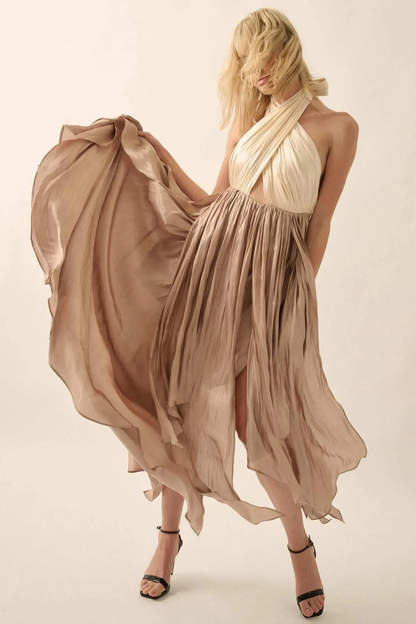 Breaking Waves Satin Cross-Front Halter Maxi Dress sold by Promesa product image thumbnail 4