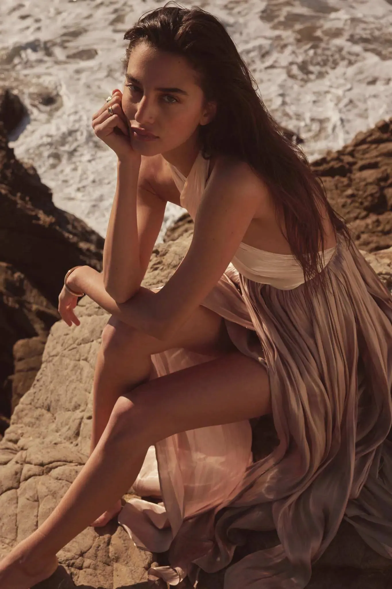 Breaking Waves Satin Cross-Front Halter Maxi Dress sold by Promesa