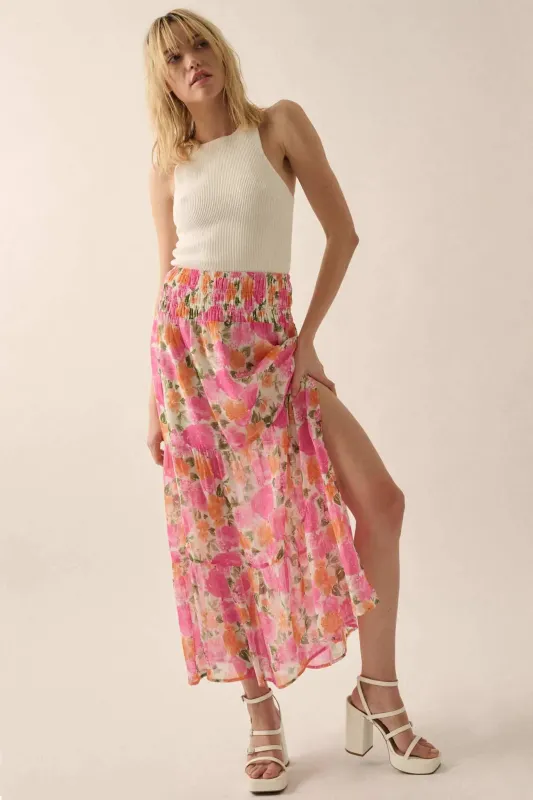 Brilliant Bouquet Tiered Floral Chiffon Maxi Skirt sold by Promesa