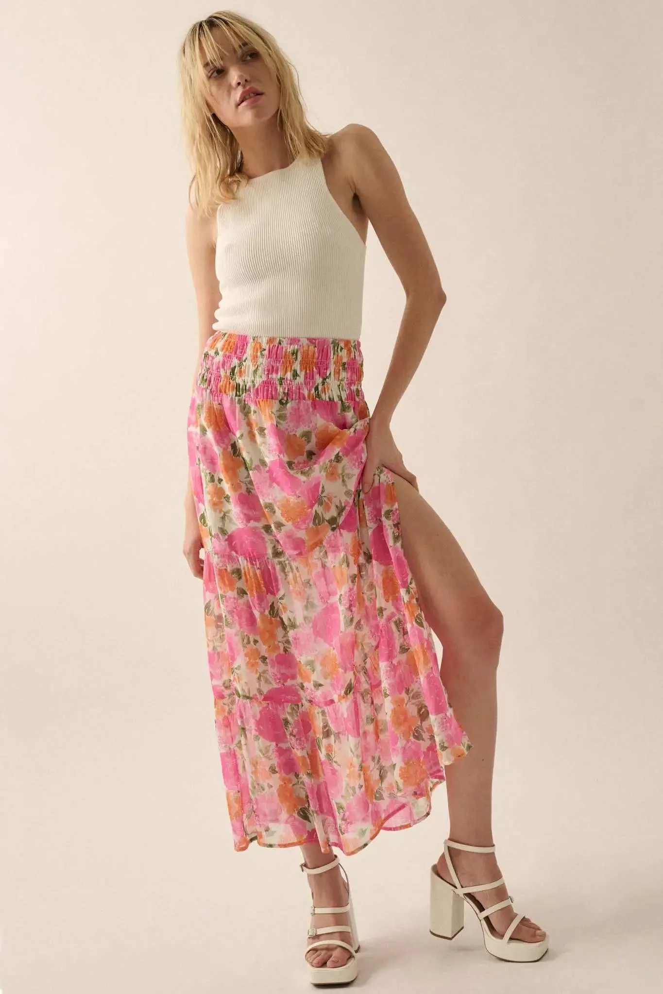 Brilliant Bouquet Tiered Floral Chiffon Maxi Skirt sold by Promesa