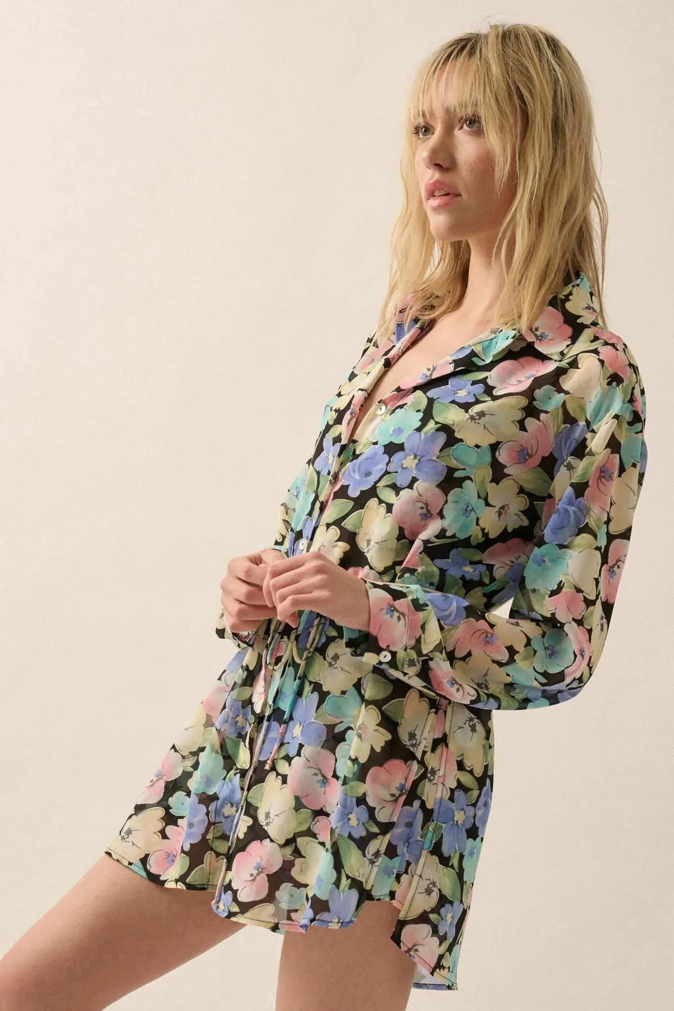 Chromatic Petals Floral Belted Shirt Romper sold by Promesa product image thumbnail 5