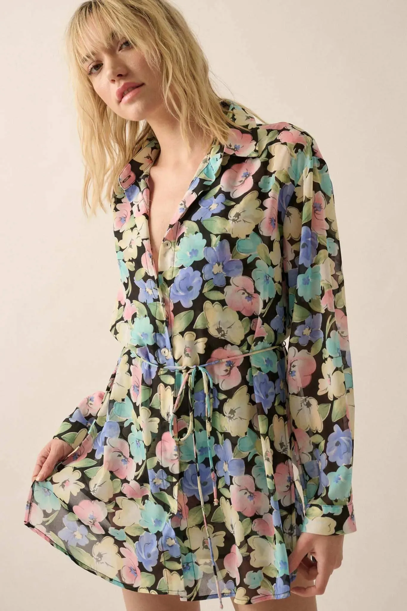 Chromatic Petals Floral Belted Shirt Romper sold by Promesa