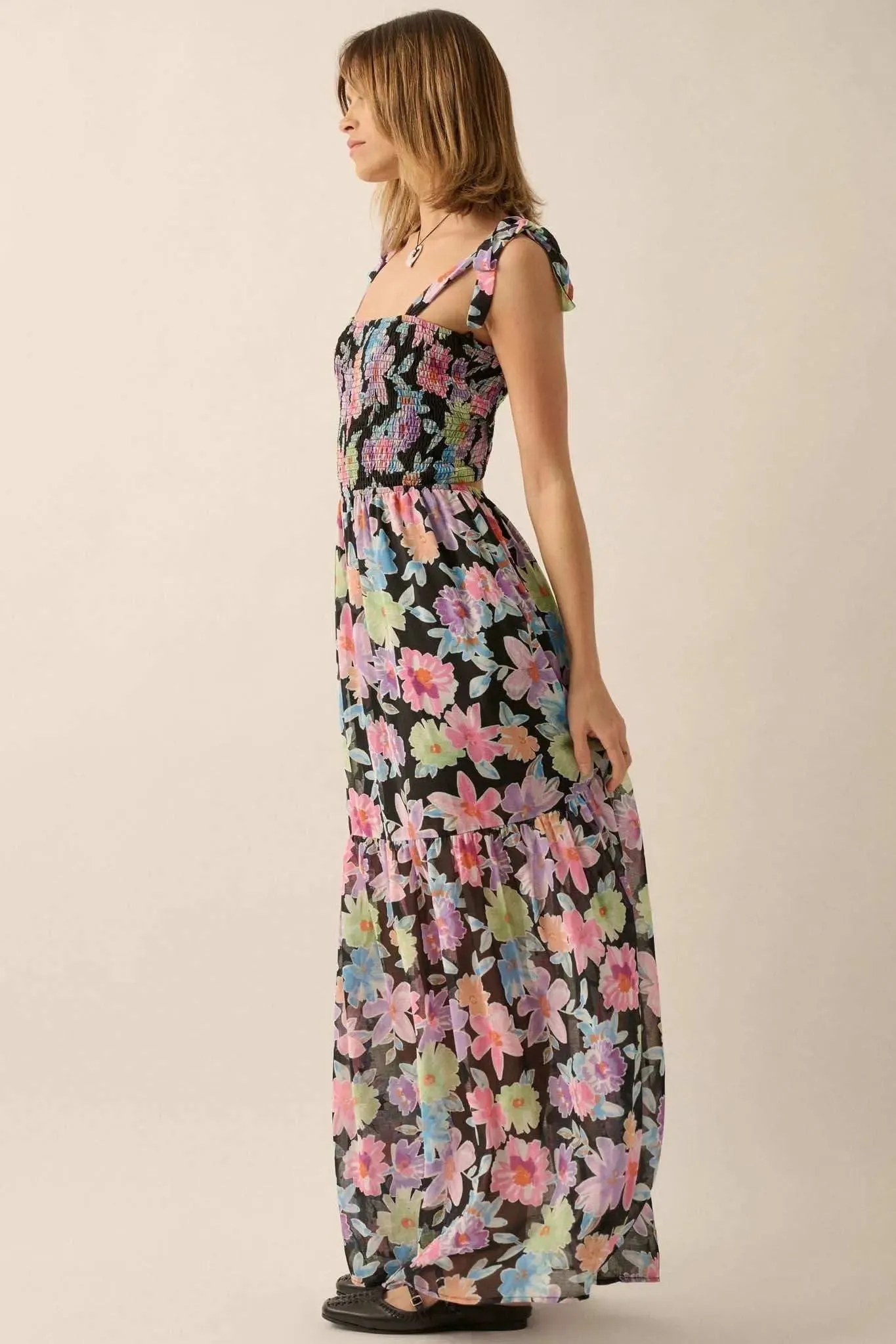 Bursting Blooms Smocked Floral Chiffon Maxi Dress sold by Promesa product image thumbnail 5