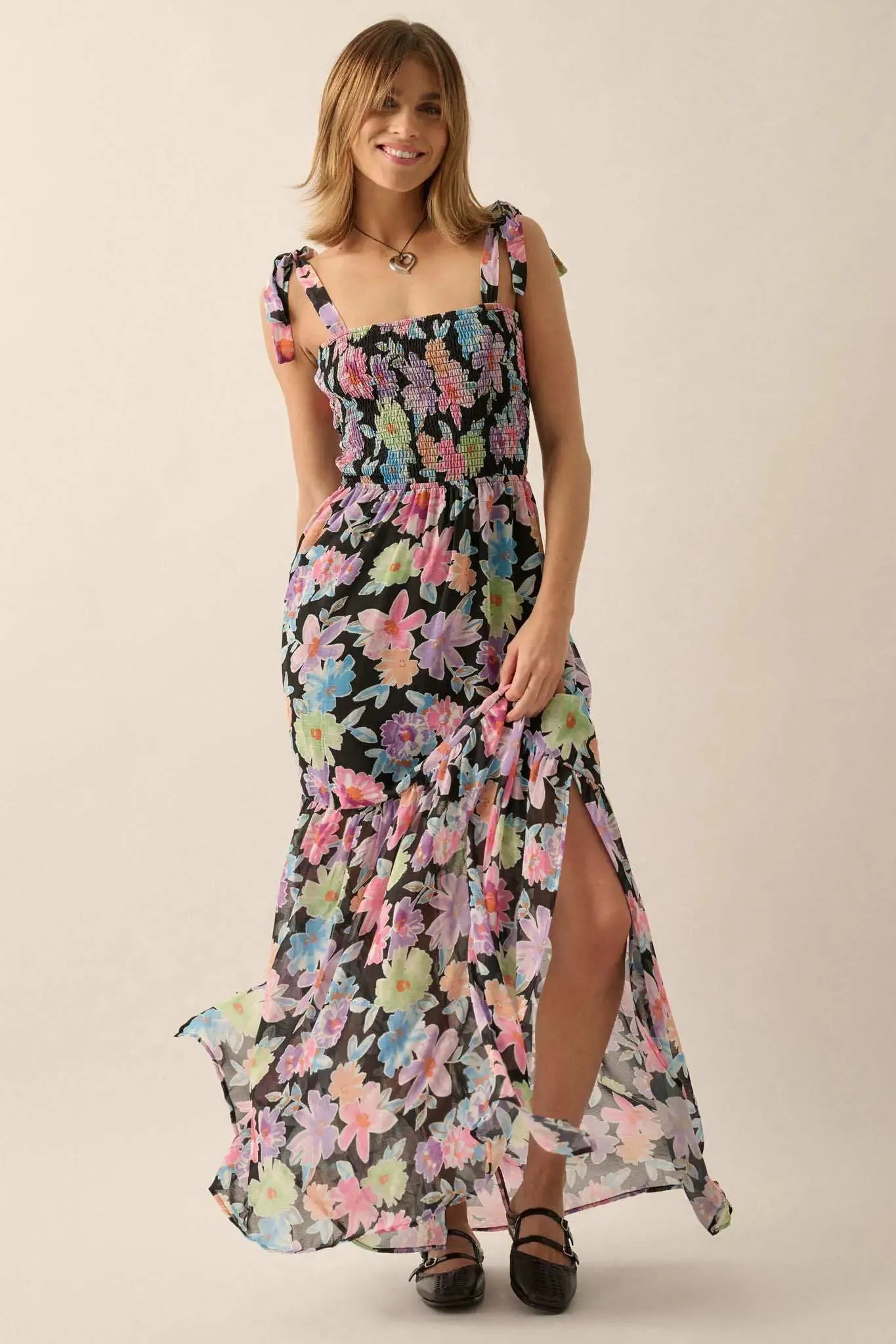Bursting Blooms Smocked Floral Chiffon Maxi Dress sold by Promesa product image thumbnail 4