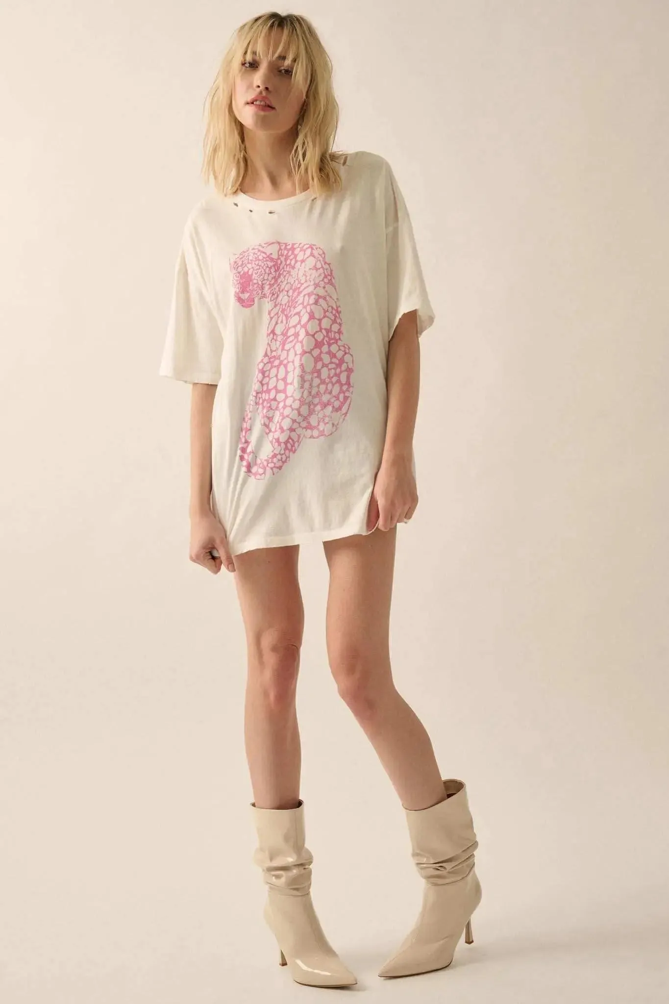 Pink Leopard Distressed Oversize Graphic Tee sold by Promesa