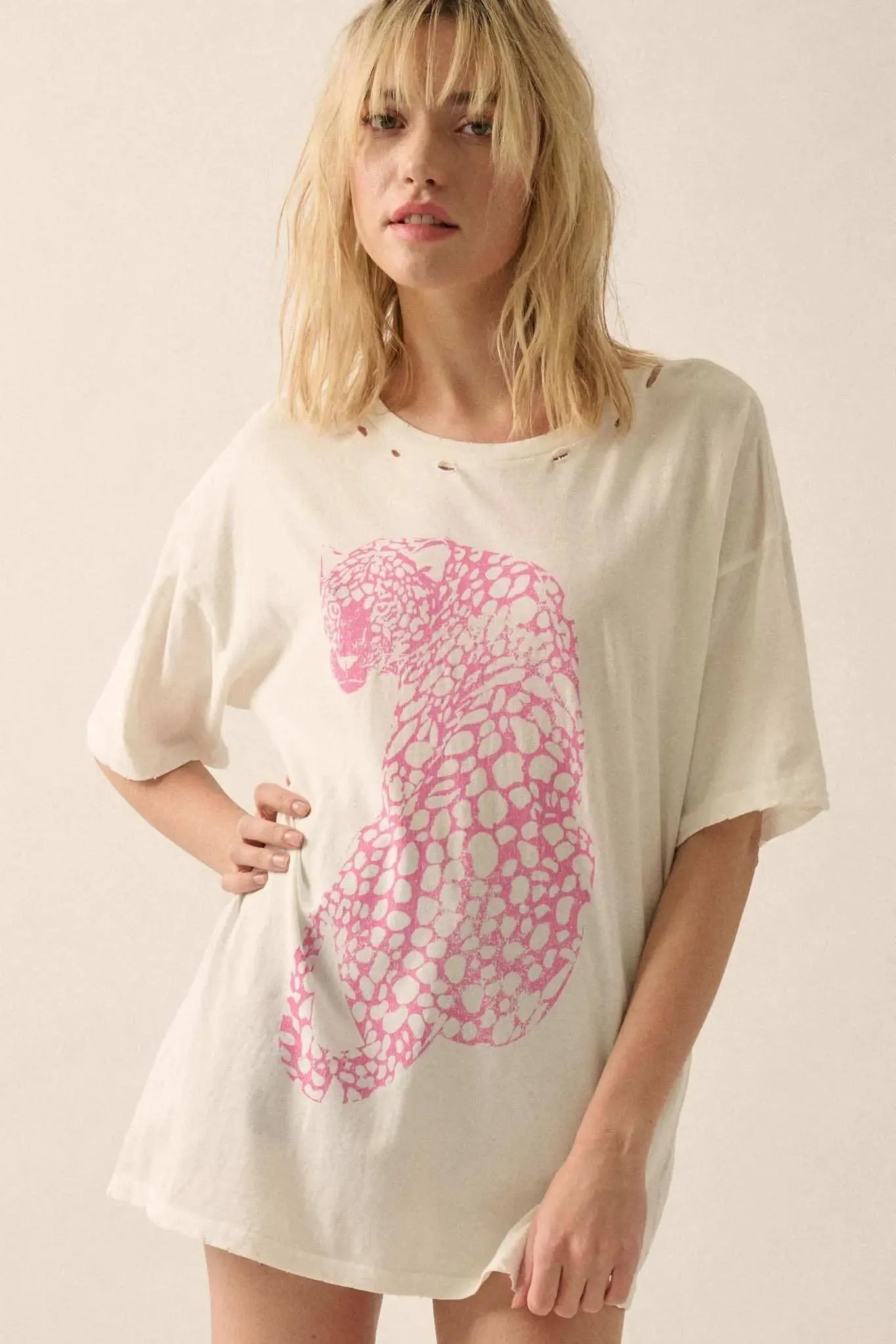 Pink Leopard Distressed Oversize Graphic Tee sold by Promesa product image thumbnail 3