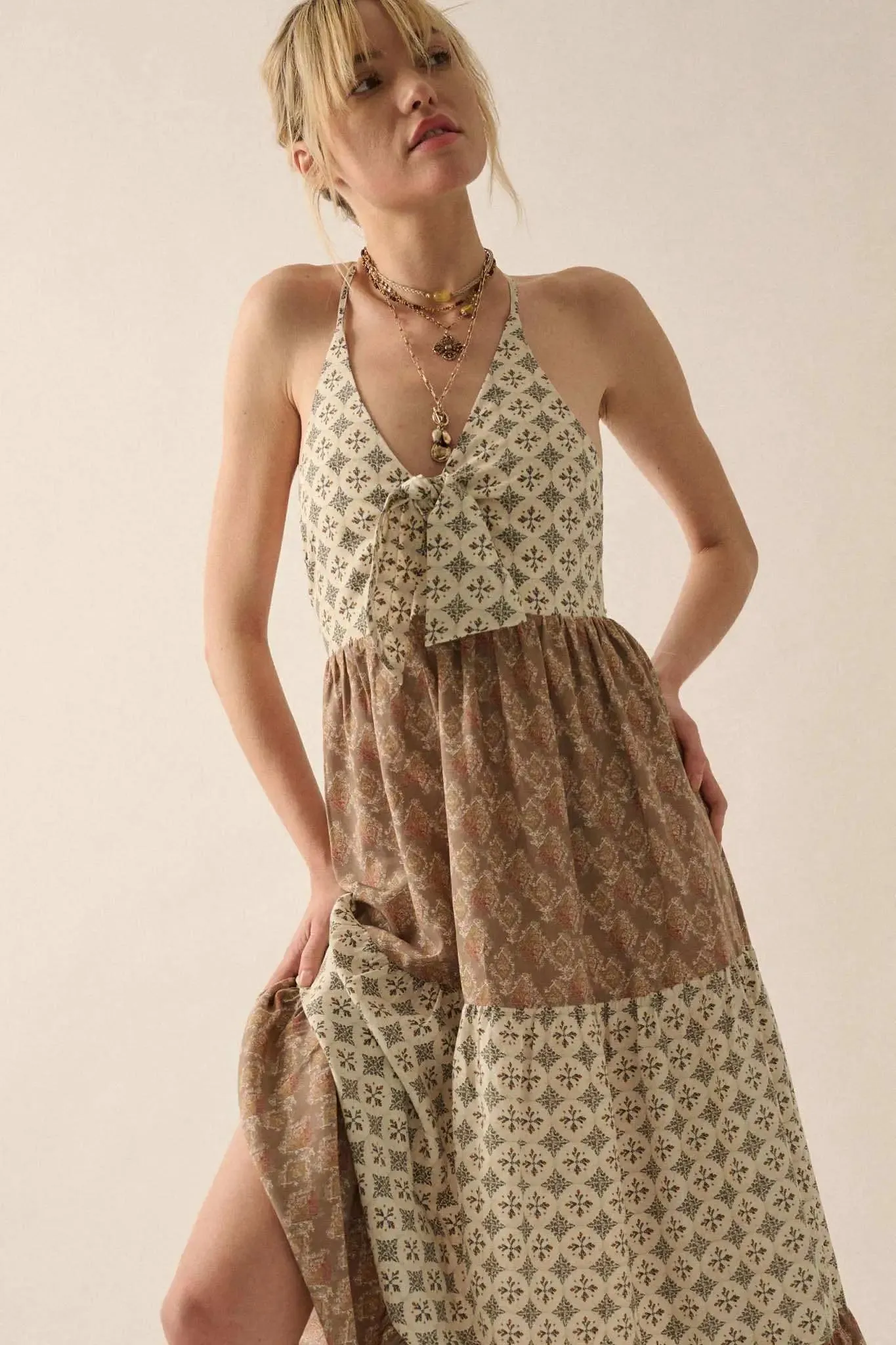 Unique Soul Block-Print Tiered Halter Maxi Dress sold by Promesa product image thumbnail 4