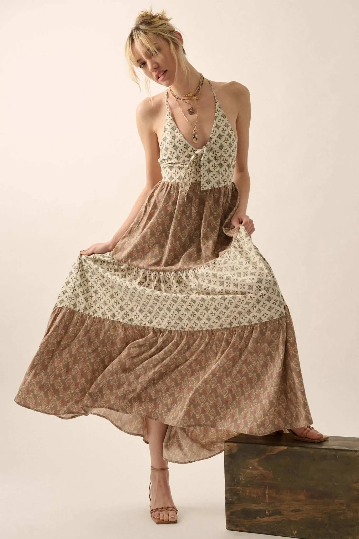 Unique Soul Block-Print Tiered Halter Maxi Dress sold by Promesa product image thumbnail 3