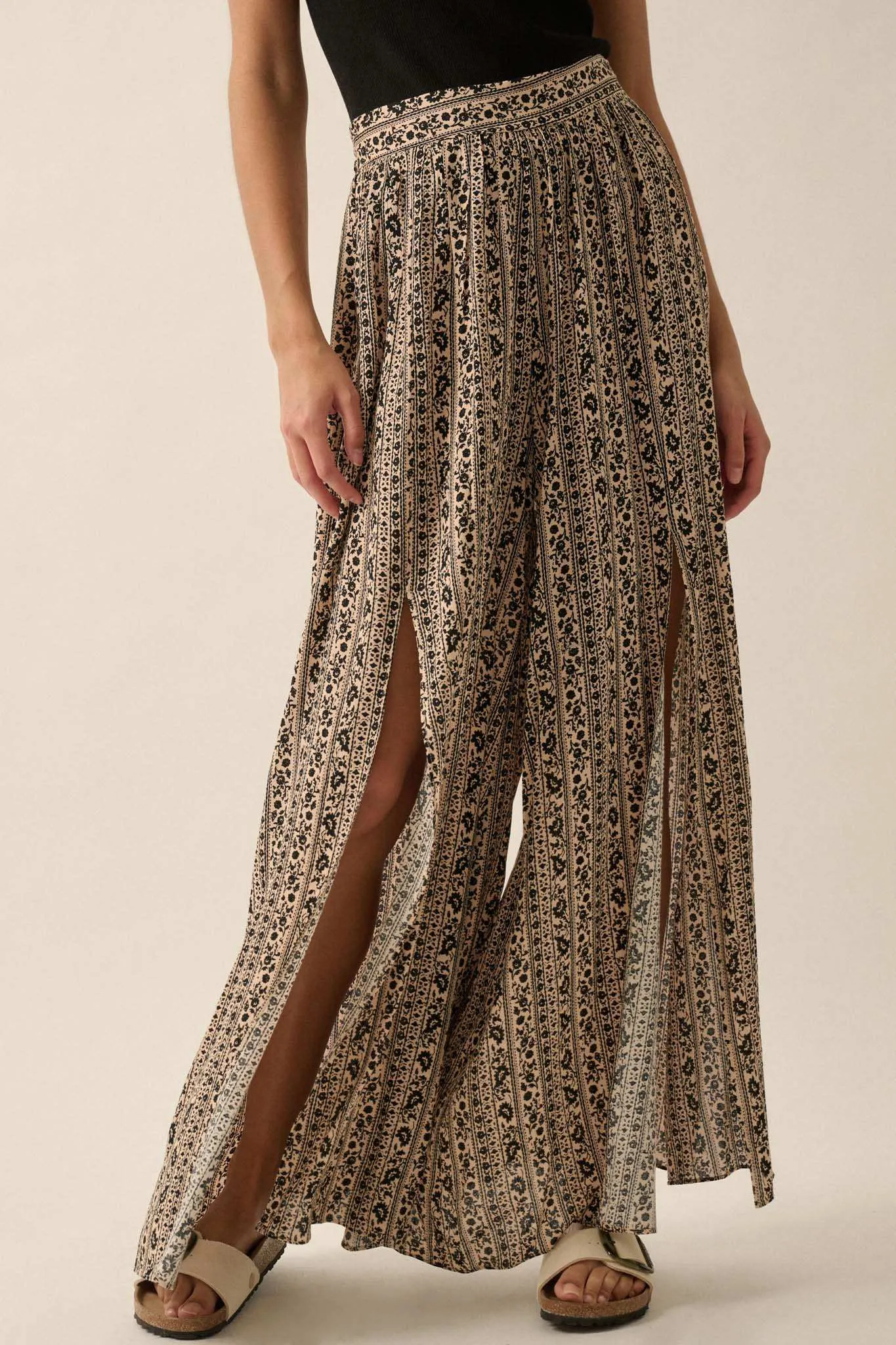 Far Beyond Floral-Stripe Split Wide-Leg Pants sold by Promesa product image thumbnail 4