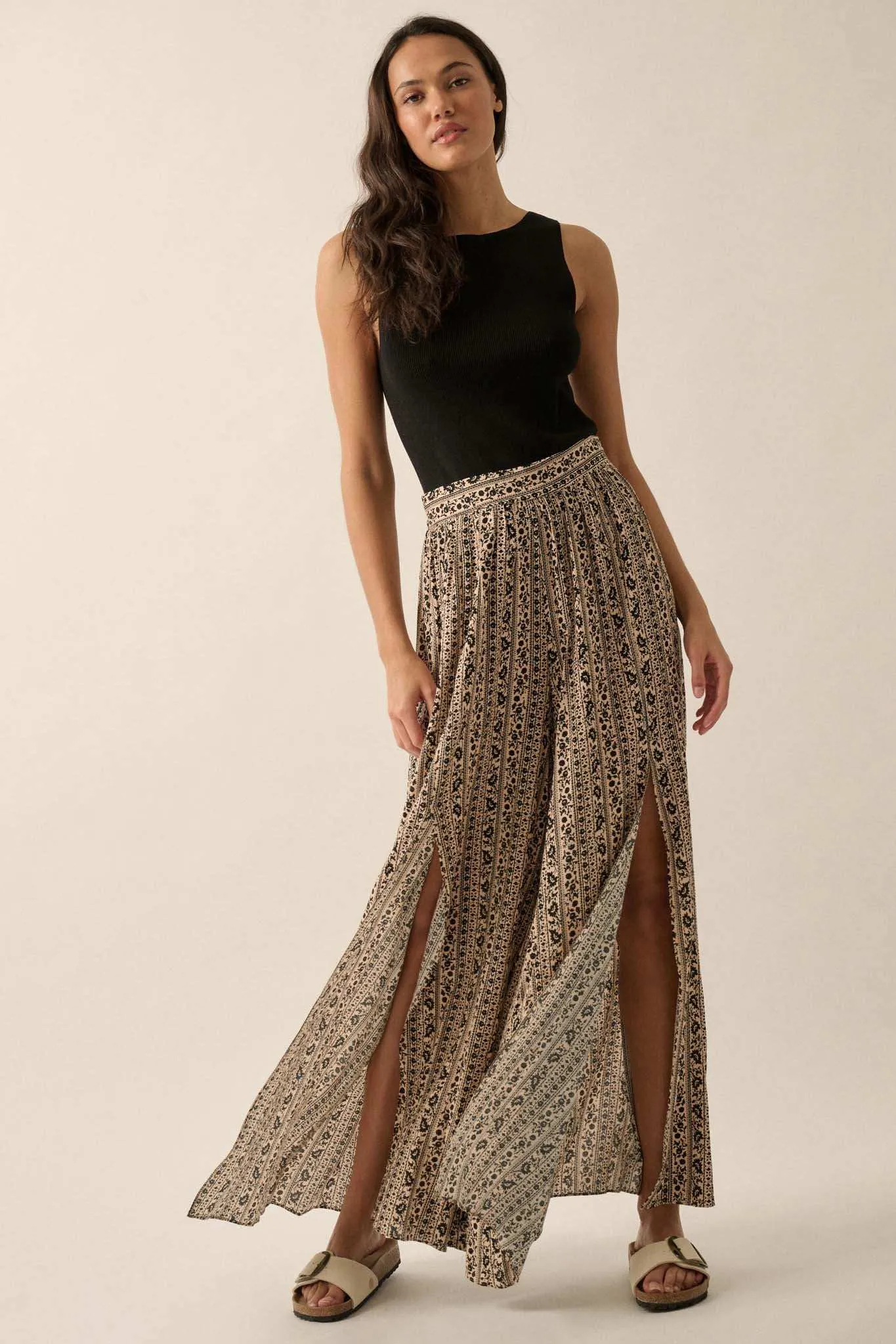 Far Beyond Floral-Stripe Split Wide-Leg Pants sold by Promesa product image thumbnail 3