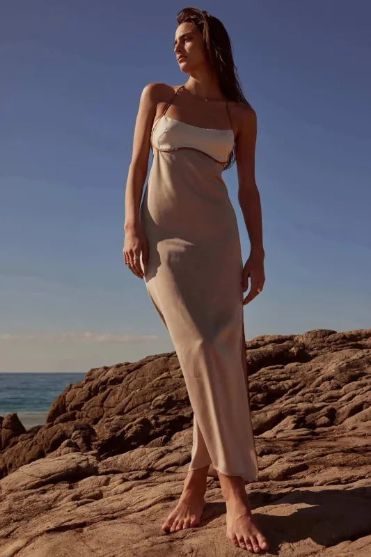 Simply Luxe Satin Piping-Trim Halter Maxi Dress sold by Promesa