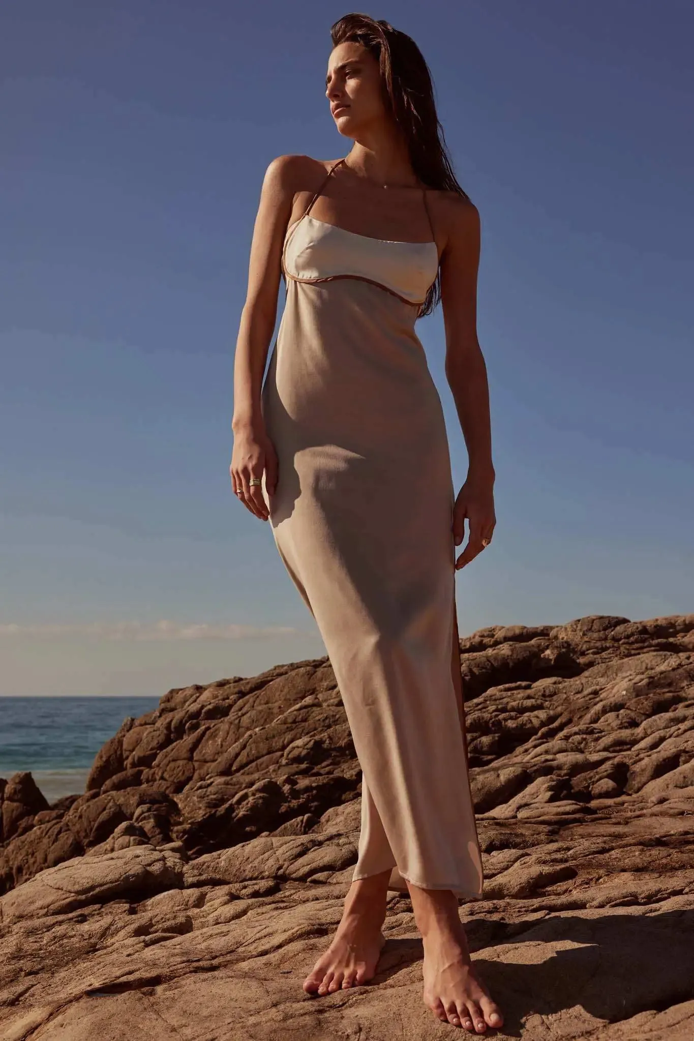 Simply Luxe Satin Piping-Trim Halter Maxi Dress sold by Promesa