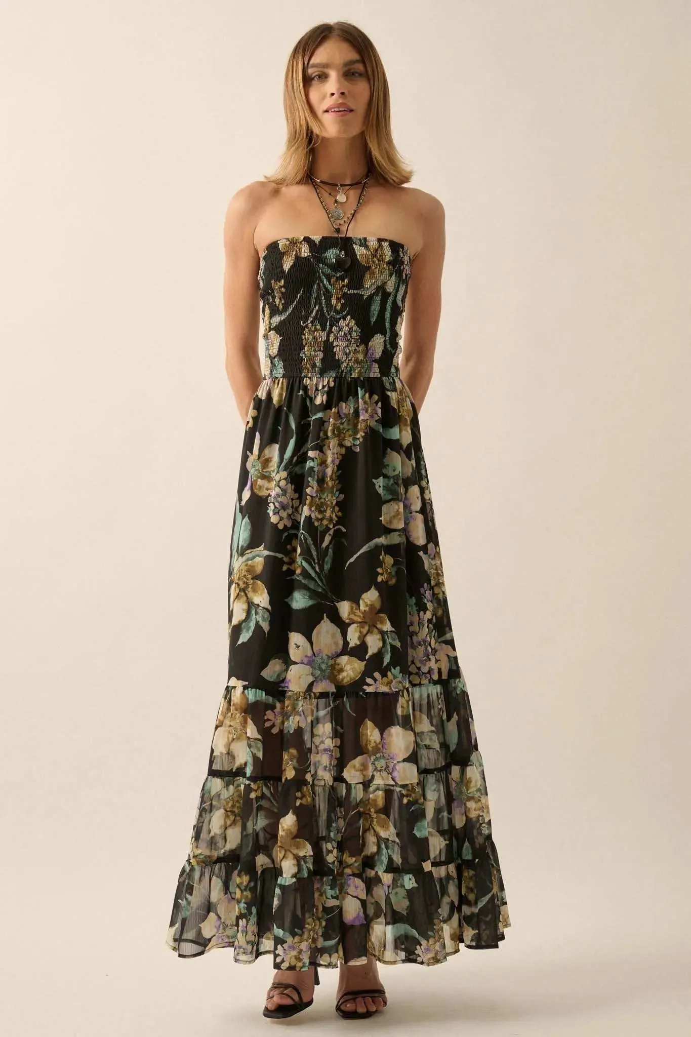 Radiant Garden Floral Chiffon Strapless Maxi Dress sold by Promesa product image thumbnail 4