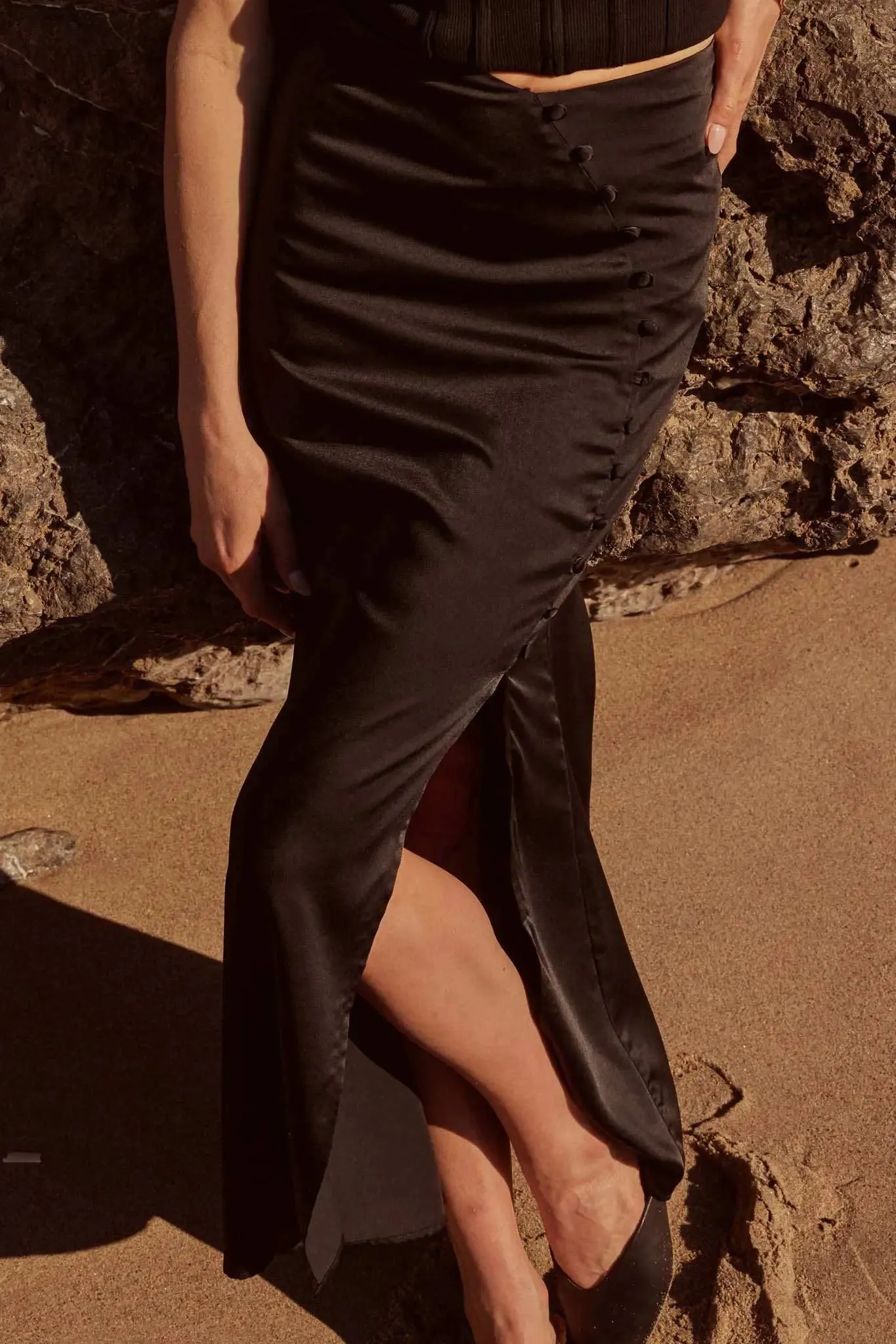 Learning Curve Matte Satin Buttoned Maxi Skirt sold by Promesa product image thumbnail 2