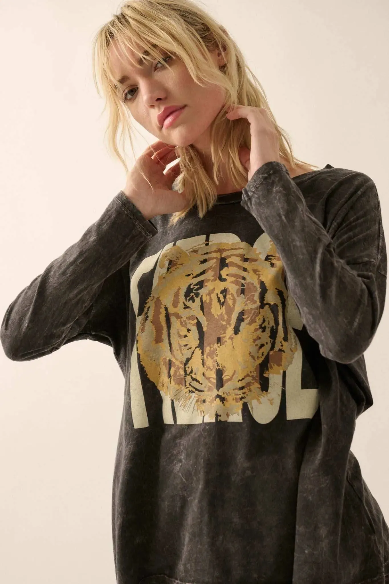 Fierce Tiger Vintage-Wash Long-Sleeve Graphic Tee sold by Promesa product image thumbnail 2