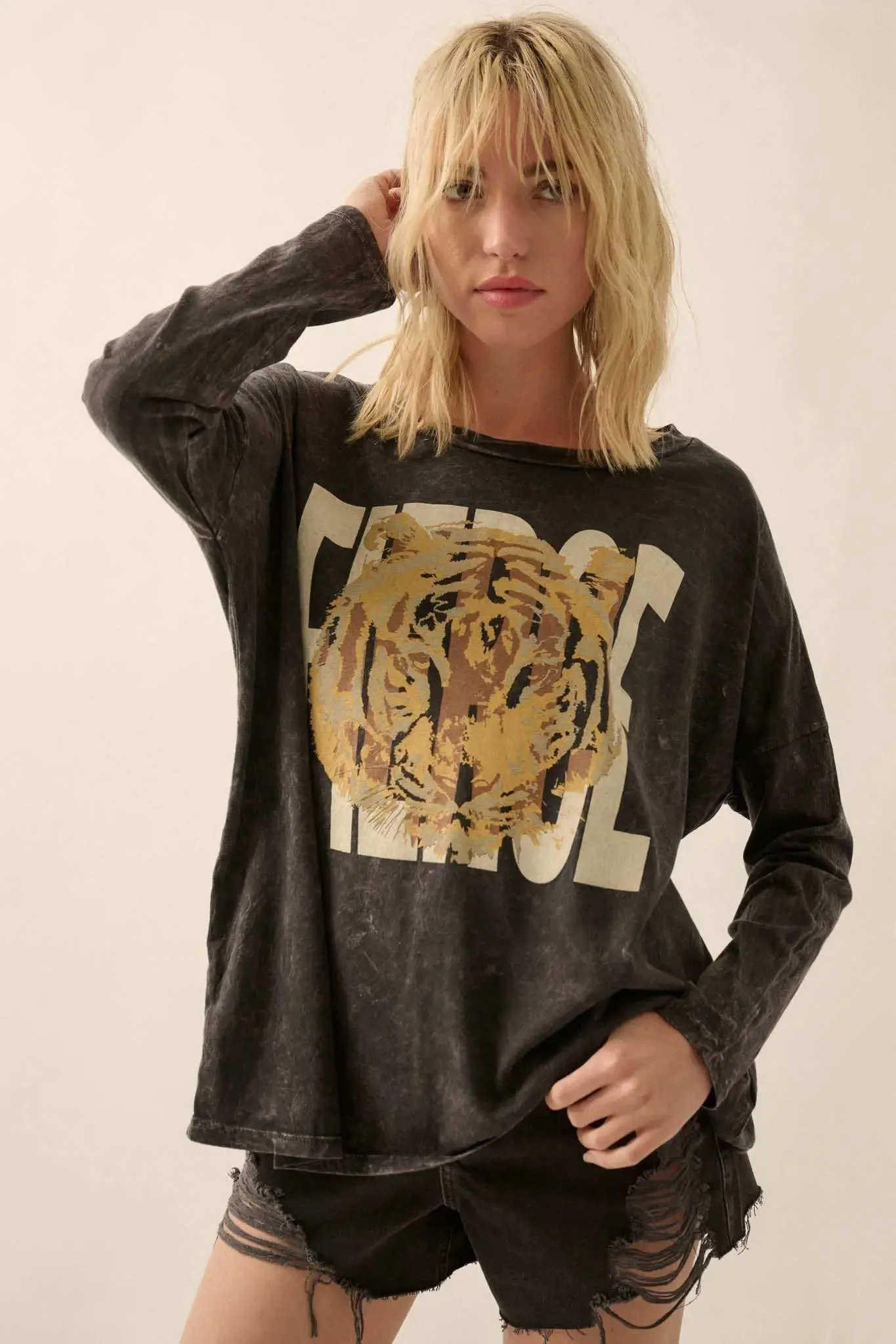 Fierce Tiger Vintage-Wash Long-Sleeve Graphic Tee sold by Promesa