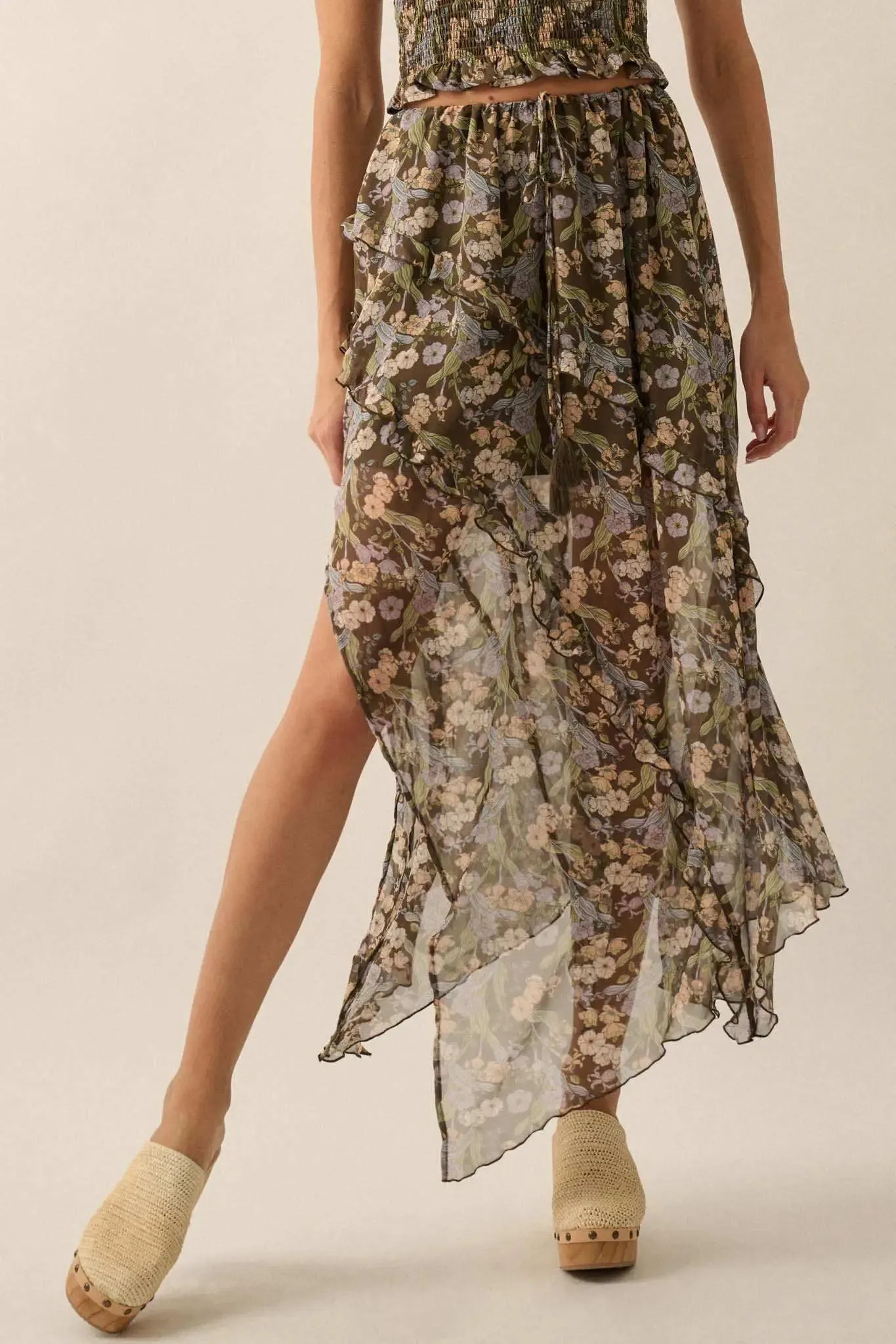 Enduring Beauty Asymmetrical Floral Ruffle Skirt sold by Promesa