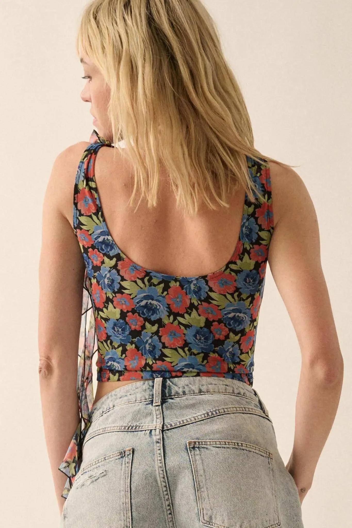 Bloom All Night Floral Mesh Ruffle Tie-Strap Top sold by Promesa product image thumbnail 2