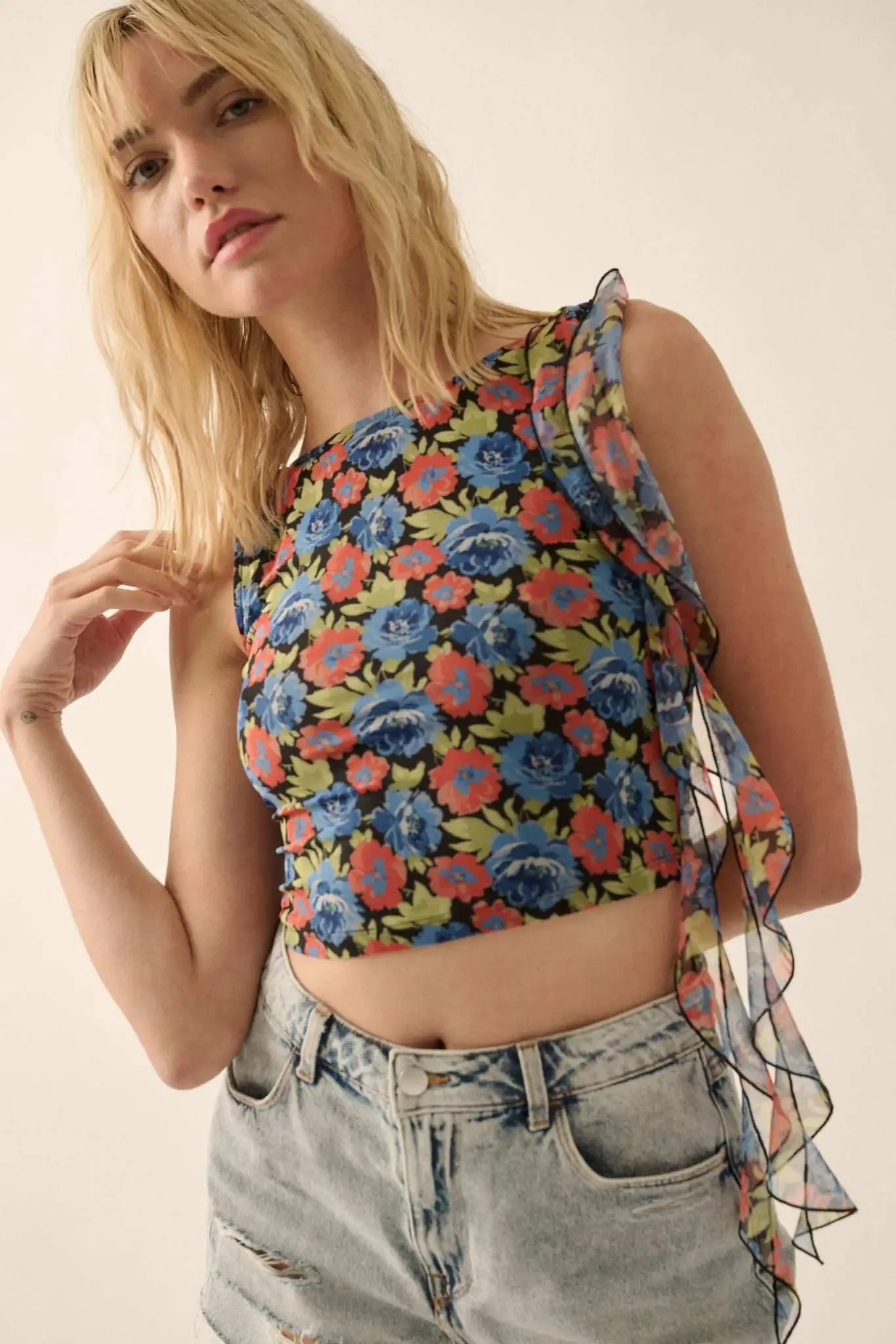 Bloom All Night Floral Mesh Ruffle Tie-Strap Top sold by Promesa