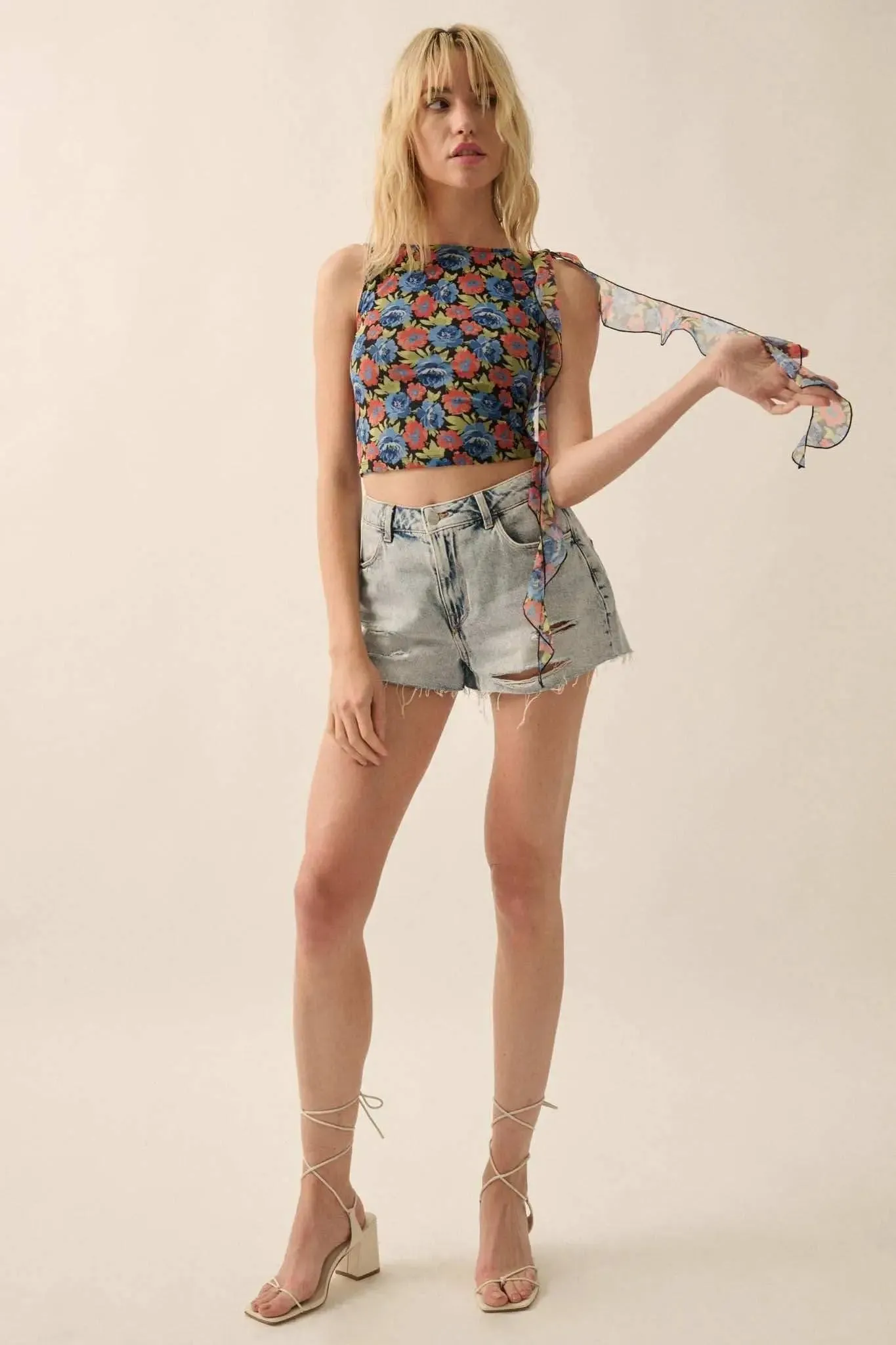 Bloom All Night Floral Mesh Ruffle Tie-Strap Top sold by Promesa product image thumbnail 5