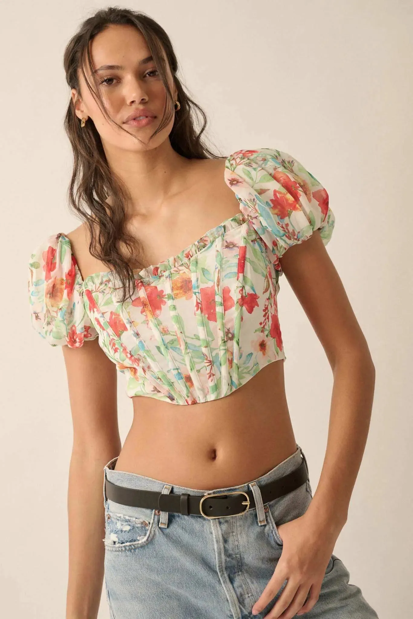 Bermuda Babe Floral Chiffon Puff-Sleeve Corset Top sold by Promesa