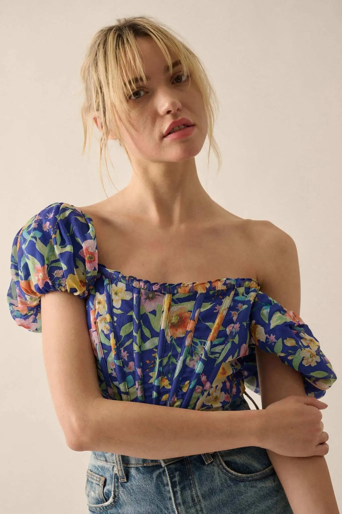 Bermuda Babe Floral Chiffon Puff-Sleeve Corset Top sold by Promesa product image thumbnail 4