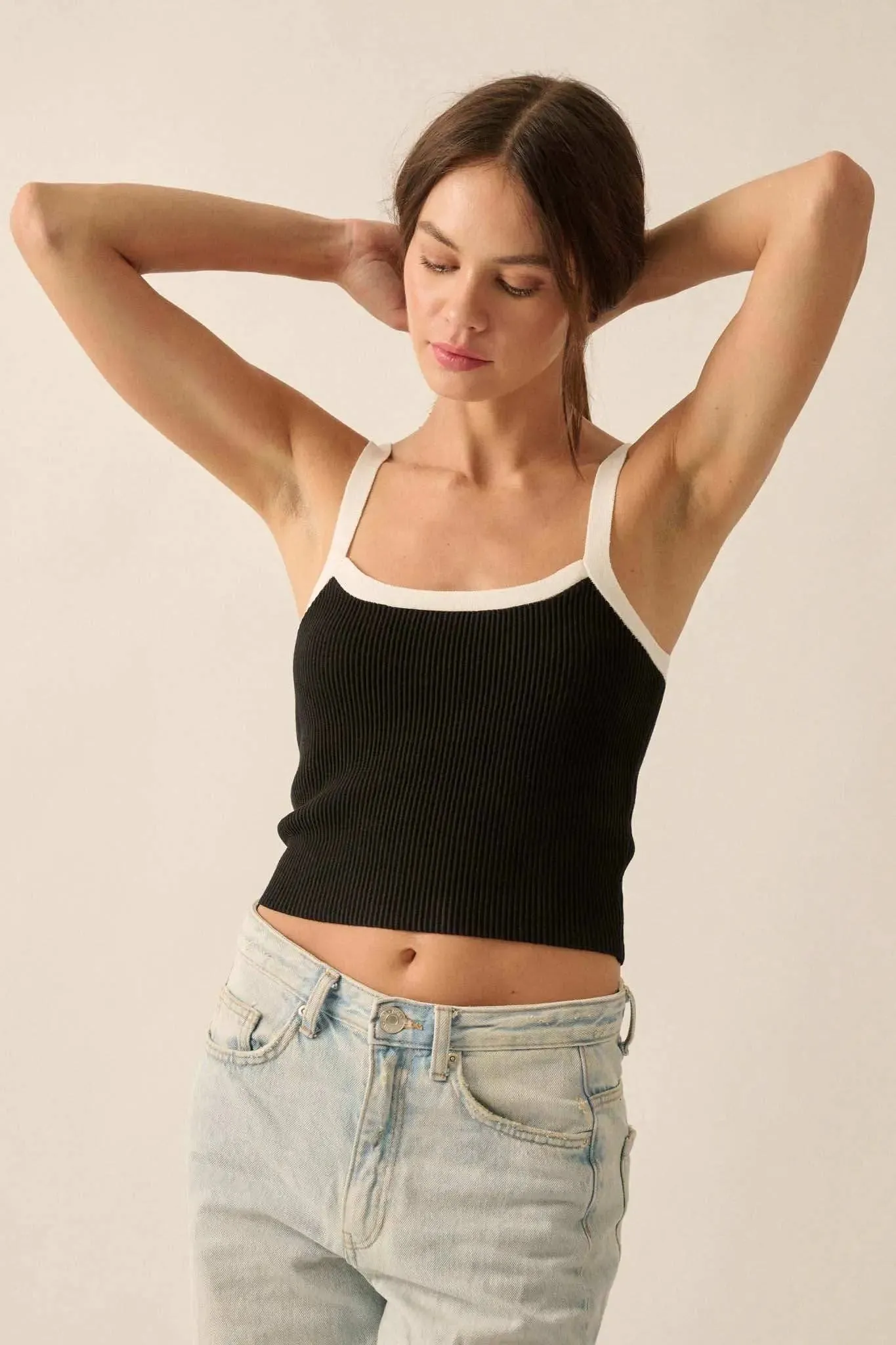 Shaper Fit Cropped Rib-Knit Contrast Cami Top sold by Promesa