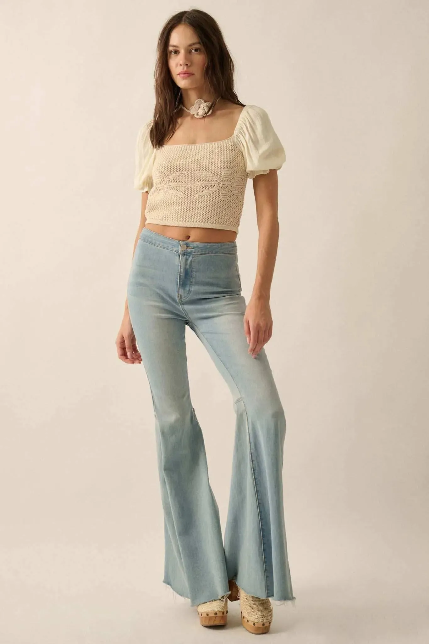 Daisy Daze Floral Crochet Cropped Puff-Sleeve Top sold by Promesa product image thumbnail 3