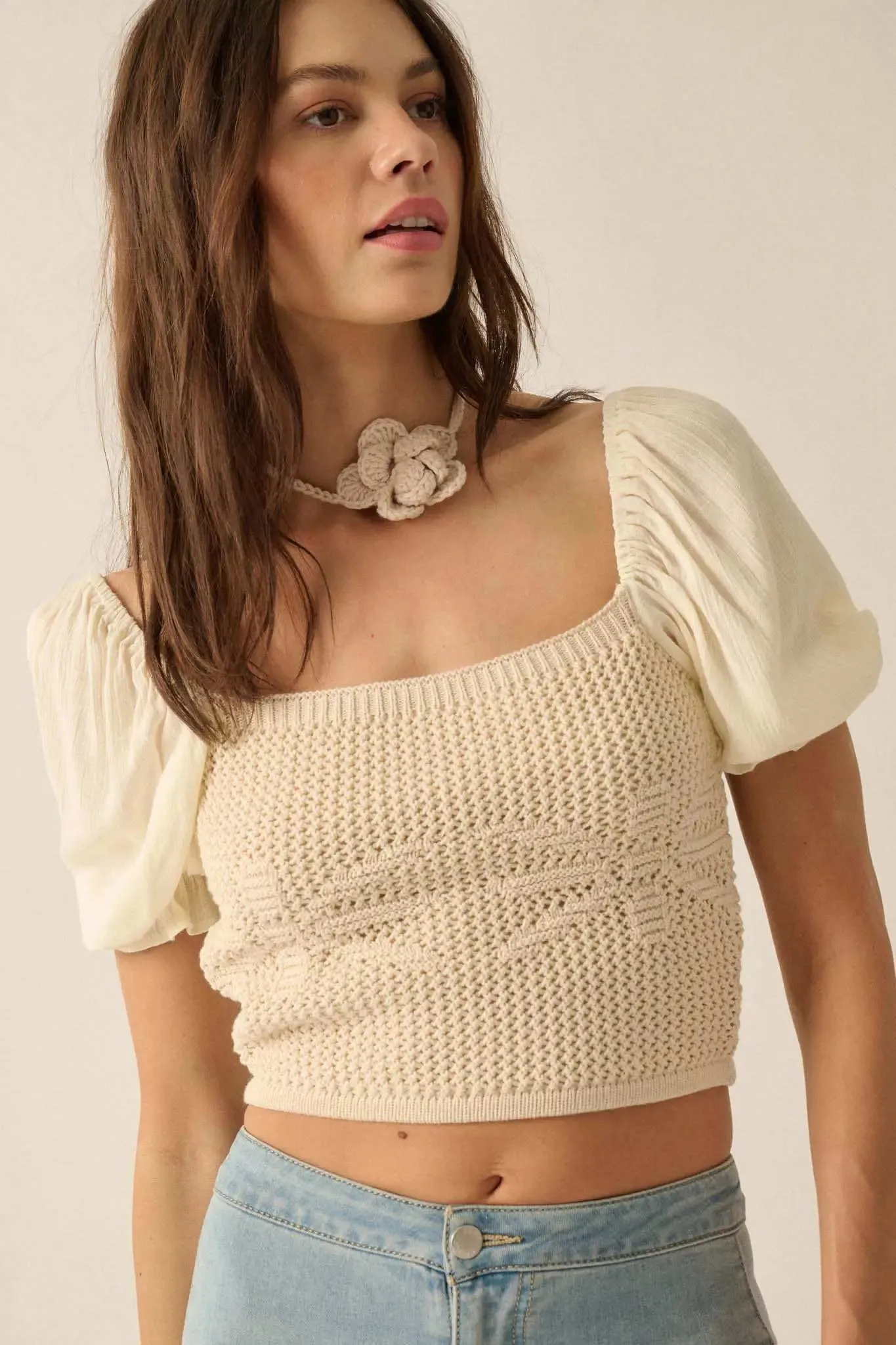 Daisy Daze Floral Crochet Cropped Puff-Sleeve Top sold by Promesa product image thumbnail 5