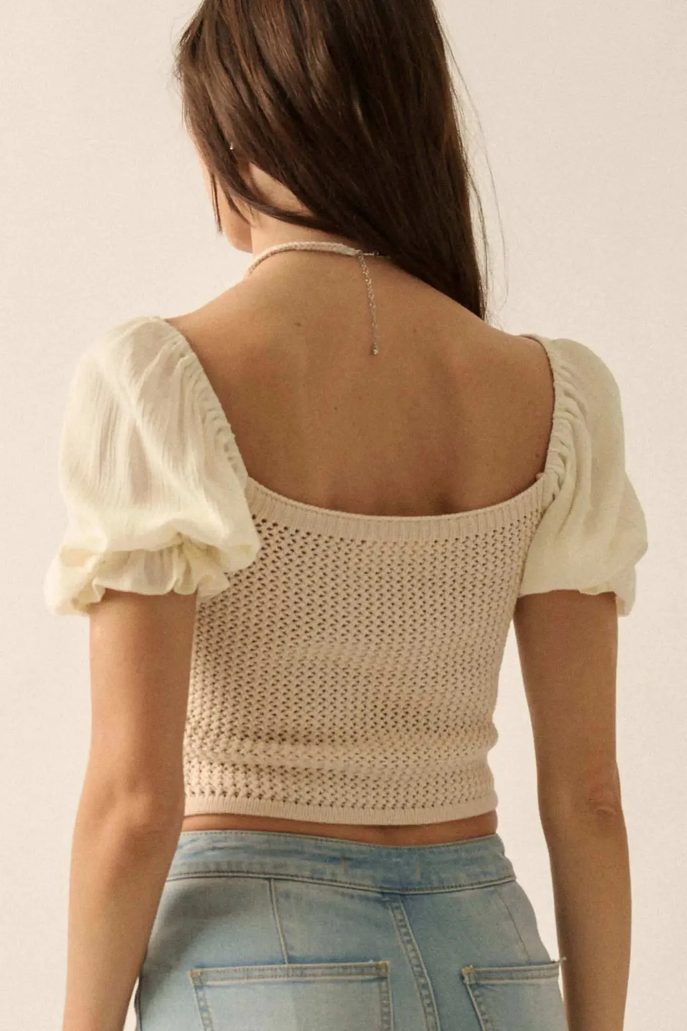 Daisy Daze Floral Crochet Cropped Puff-Sleeve Top sold by Promesa product image thumbnail 2