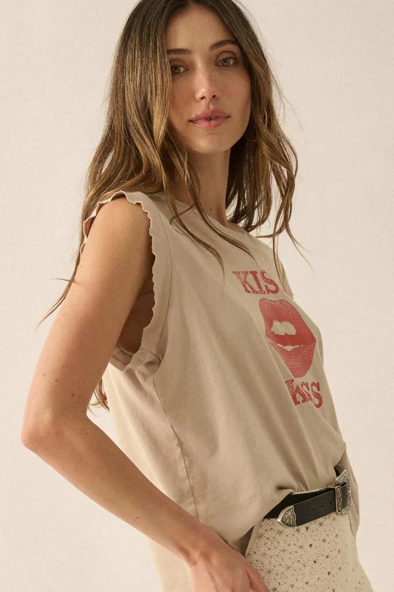 Kiss Kiss Distressed Sleeveless Graphic Tee sold by Promesa product image thumbnail 5