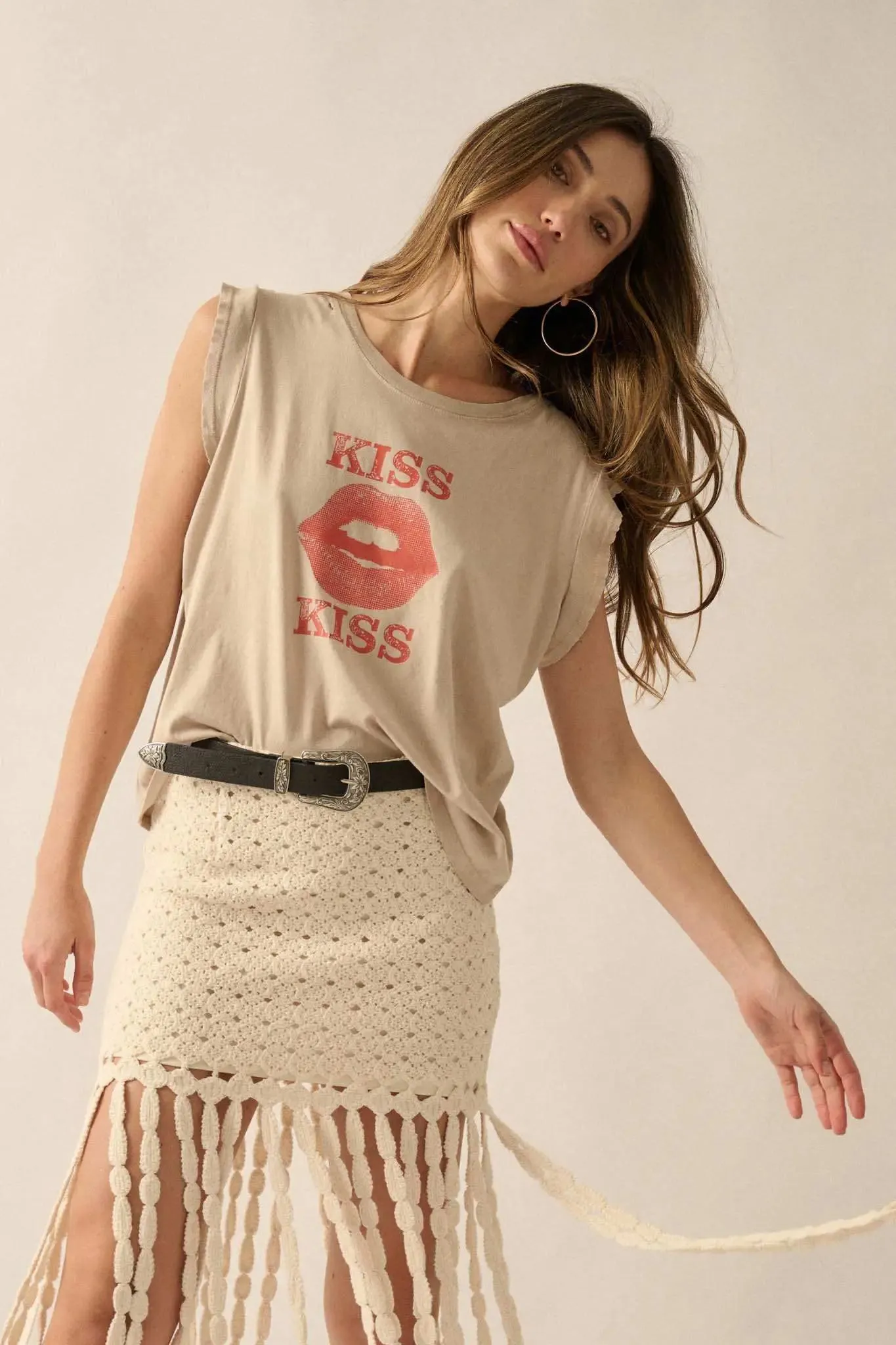 Kiss Kiss Distressed Sleeveless Graphic Tee sold by Promesa
