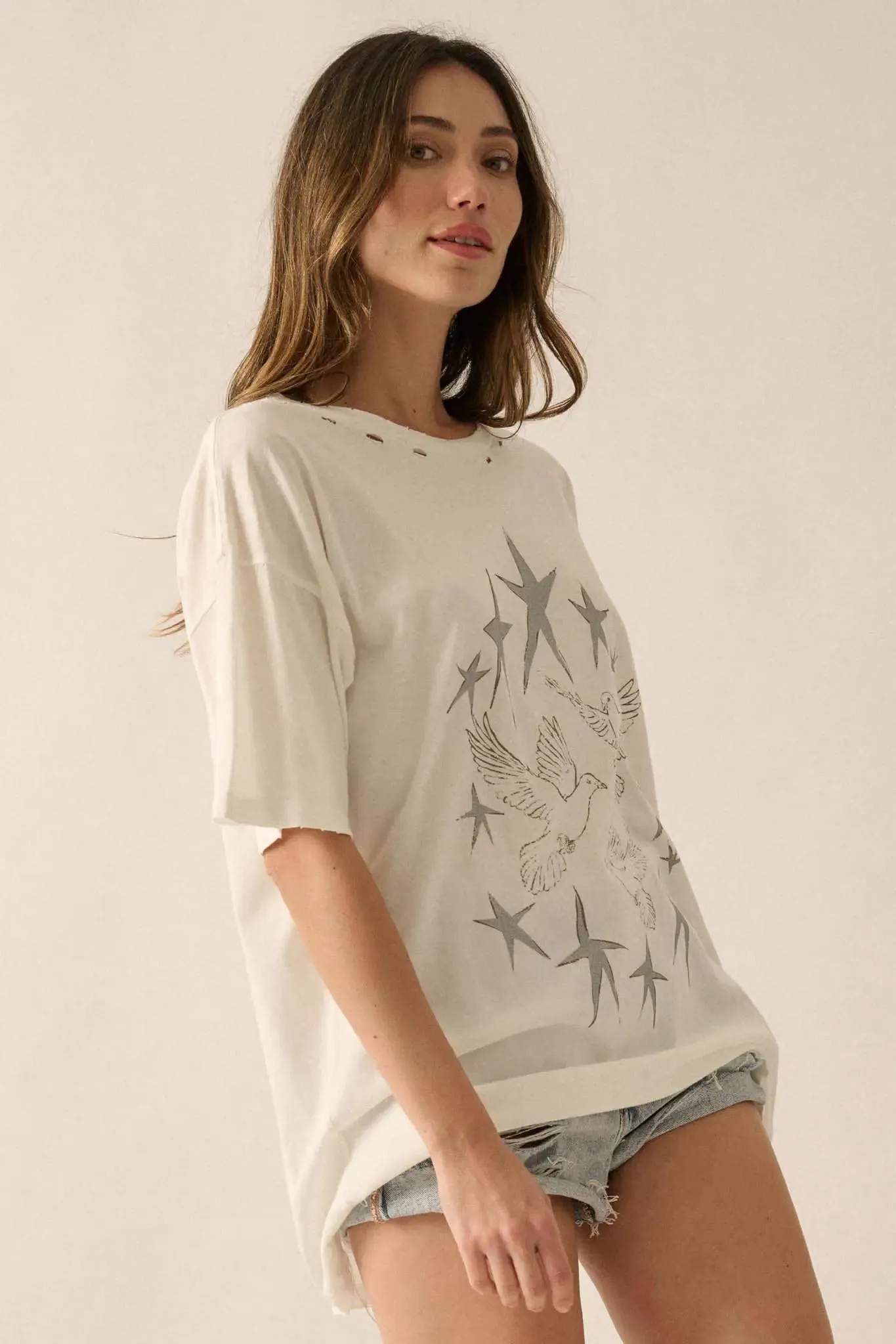 When Doves Fly Distressed Oversize Graphic Tee sold by Promesa product image thumbnail 5