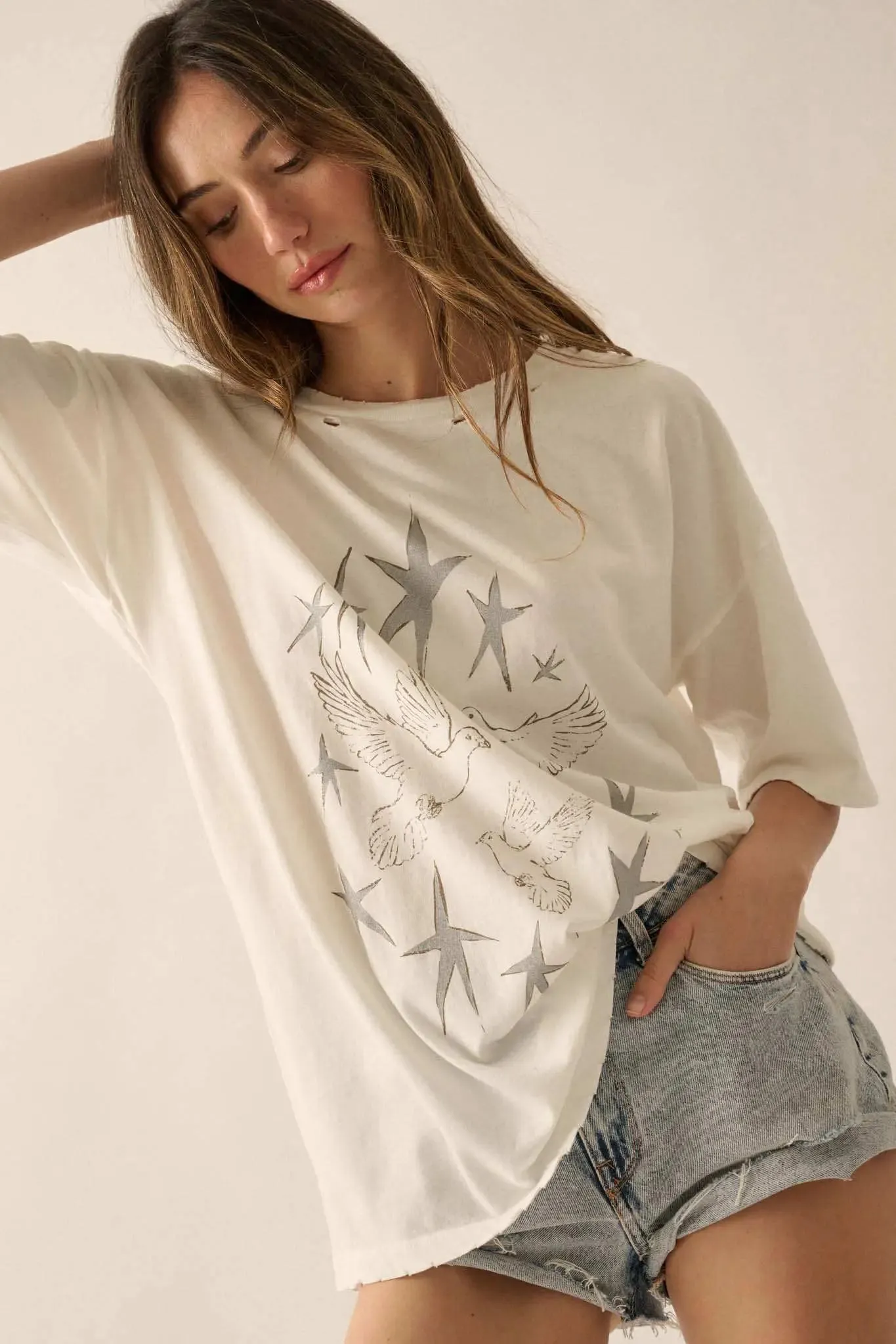 When Doves Fly Distressed Oversize Graphic Tee sold by Promesa