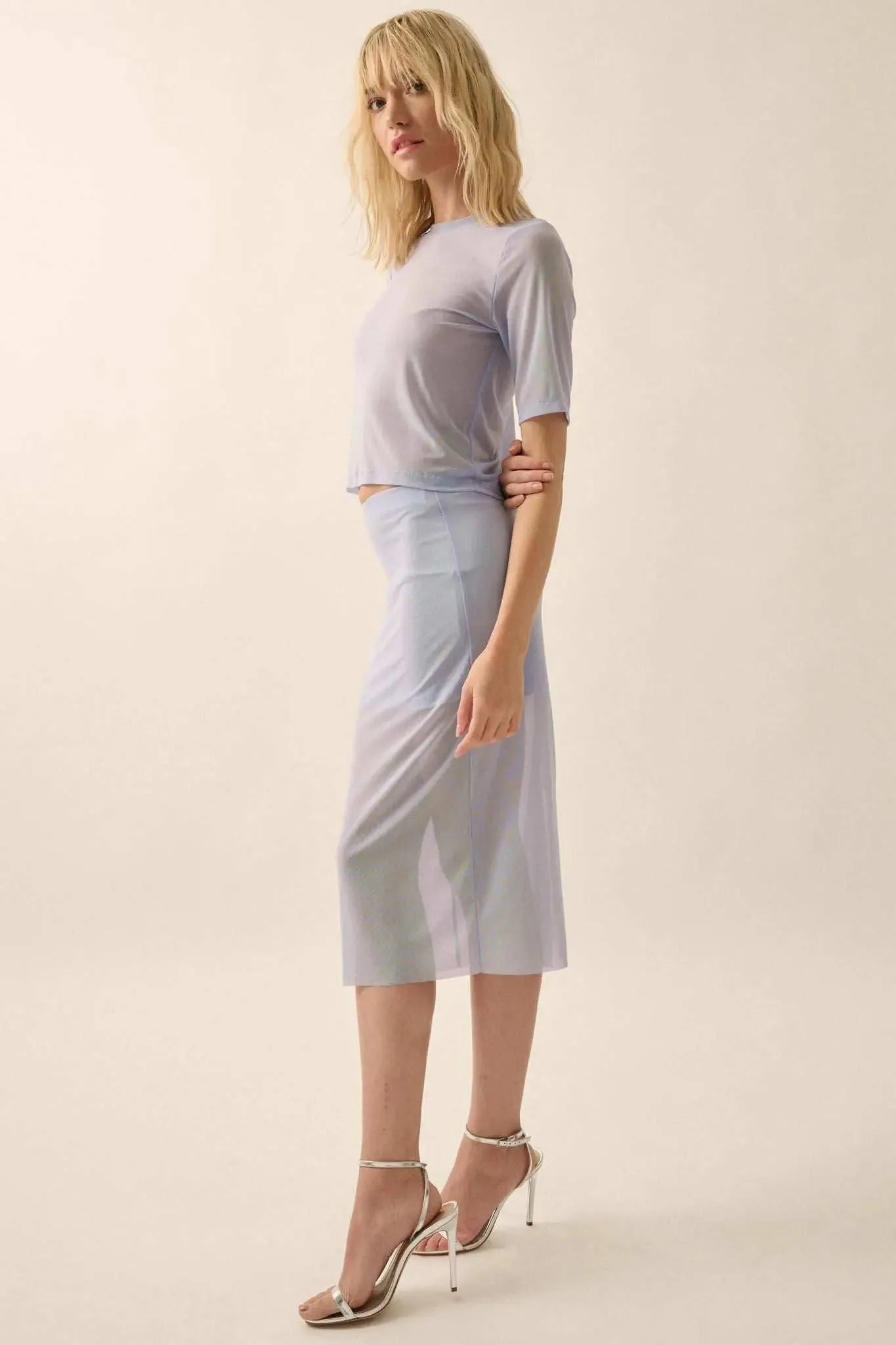 Mesh Around Sheer Mesh Midi Pencil Skirt sold by Promesa