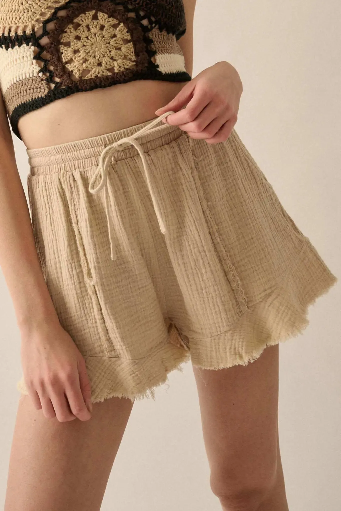 Ruffle and Ready Crinkle Cotton Raw-Edge Shorts sold by Promesa product image thumbnail 2